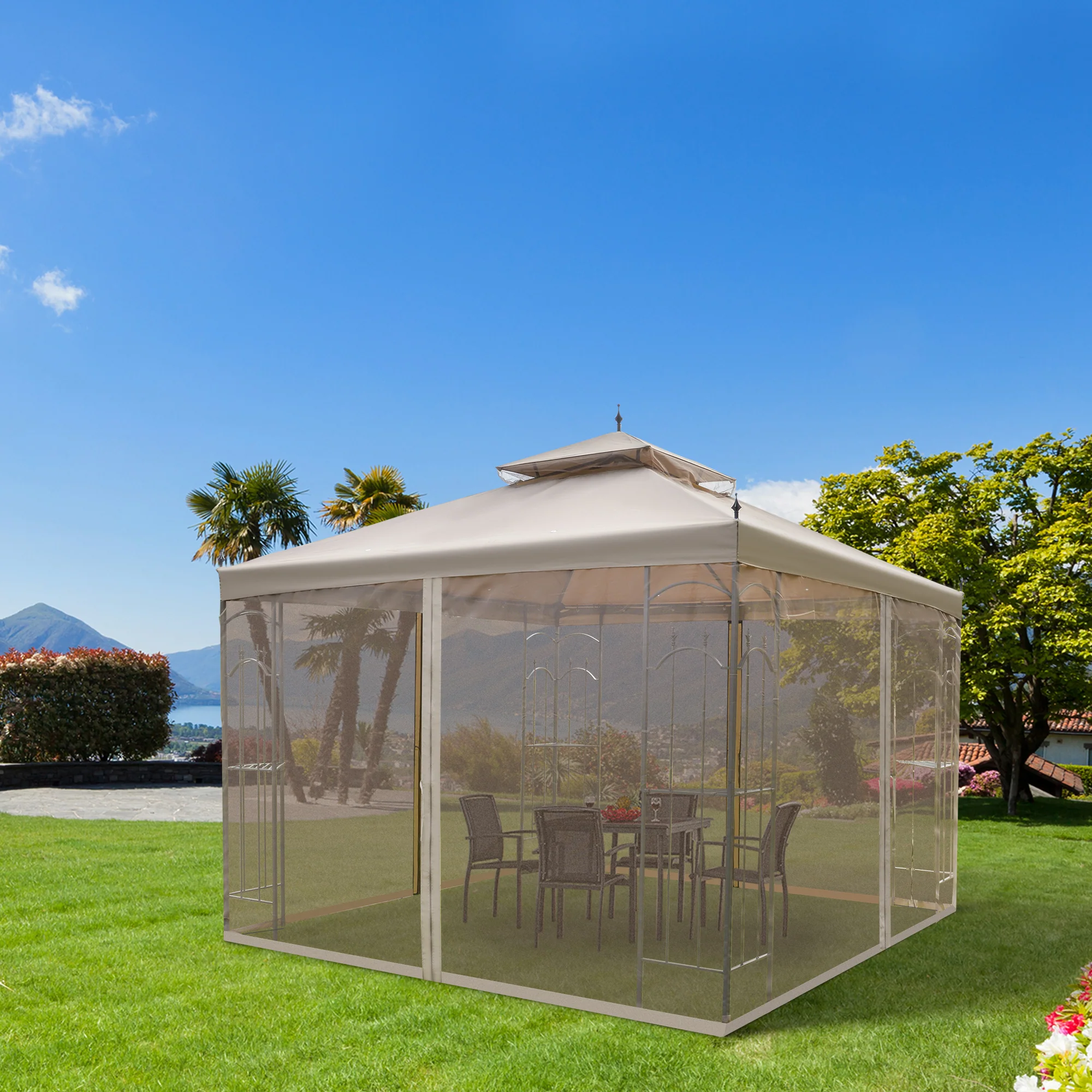 10' x 10' Patio Gazebo with Double Roof, Corner Shelves & Netting, Brown - Image 3