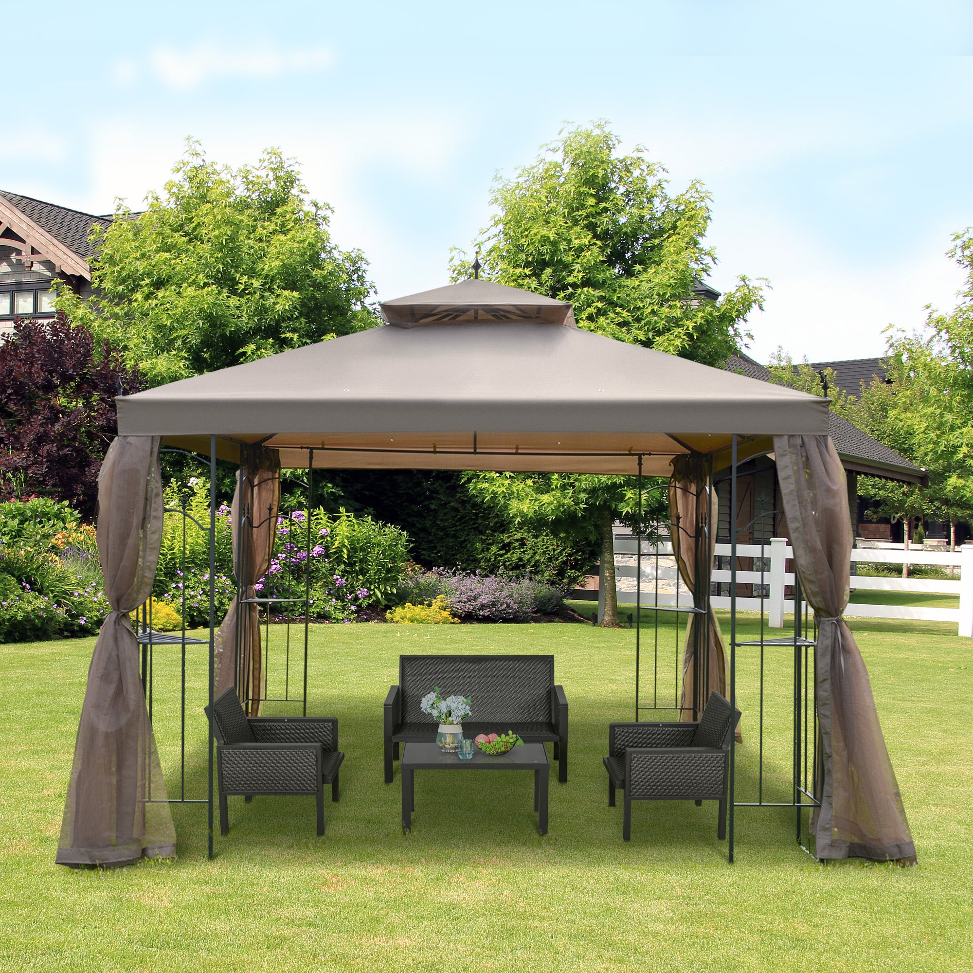 10' x 10' Patio Gazebo with Double Roof, Corner Shelves & Netting, Brown - Image 4
