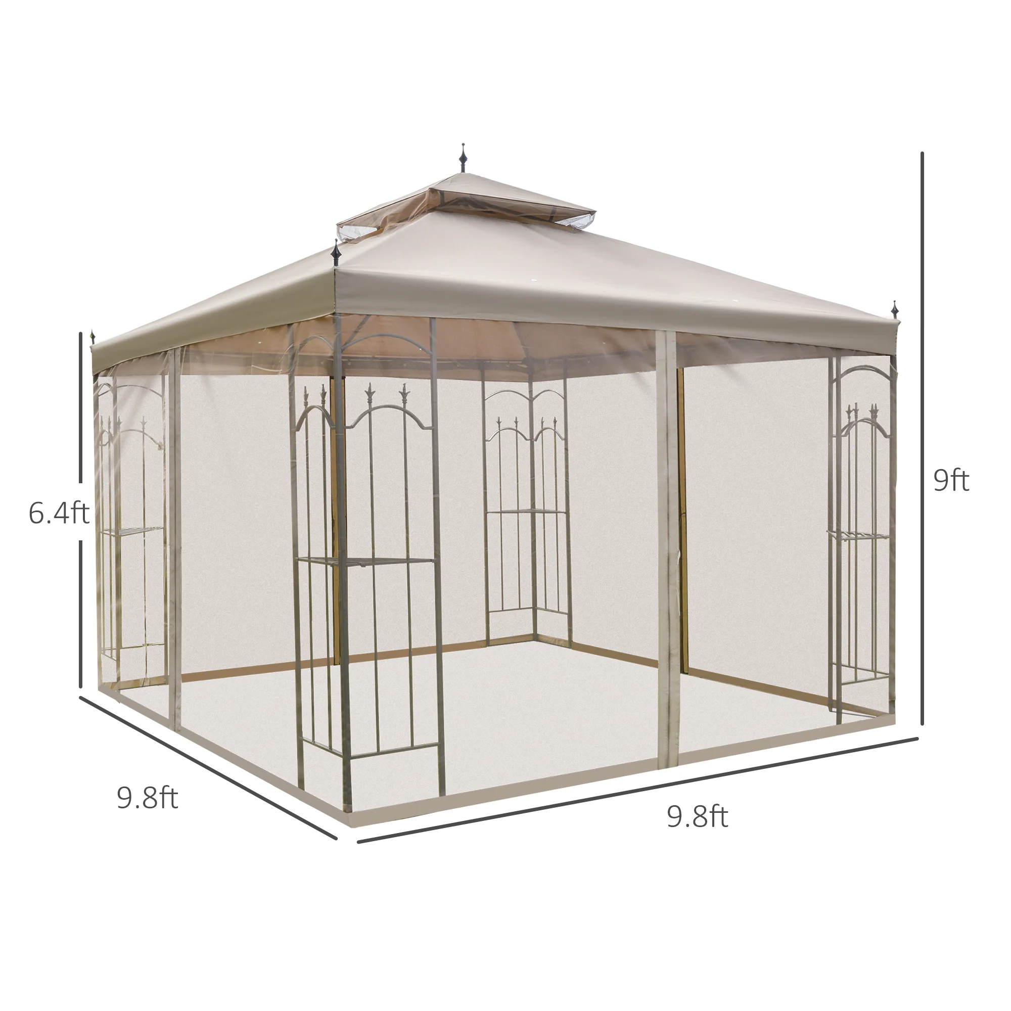 10' x 10' Patio Gazebo with Double Roof, Corner Shelves & Netting, Brown - Image 5