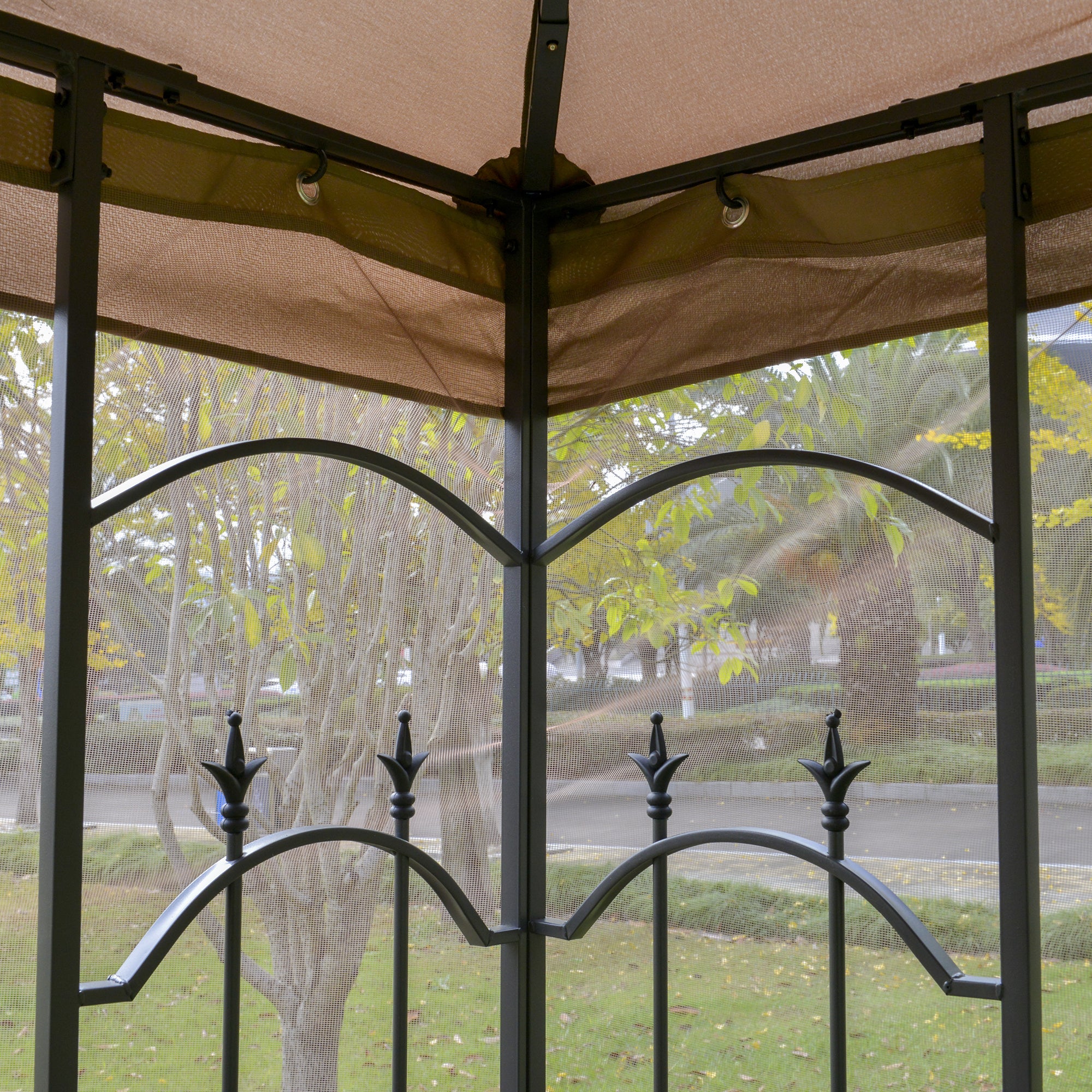10' x 10' Patio Gazebo with Double Roof, Corner Shelves & Netting, Brown - Image 7