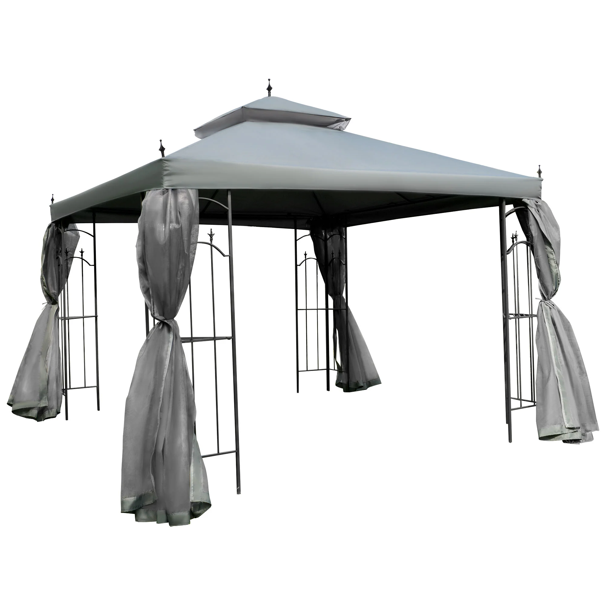 10' x 10' Patio Gazebo with Corner Shelves, Double Roof & Netting, Gray - Image 12
