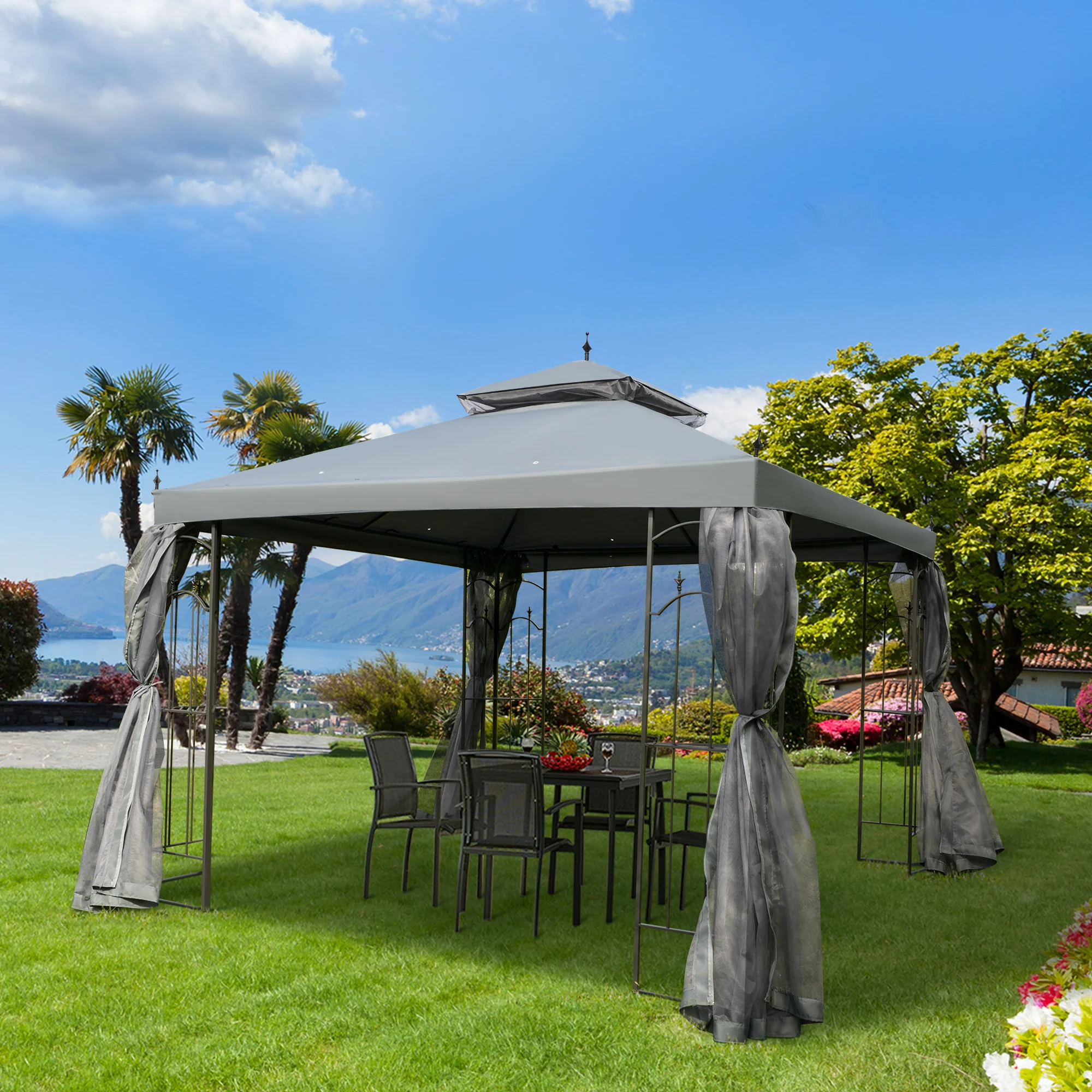 10' x 10' Patio Gazebo with Corner Shelves, Double Roof & Netting, Gray - Image 3