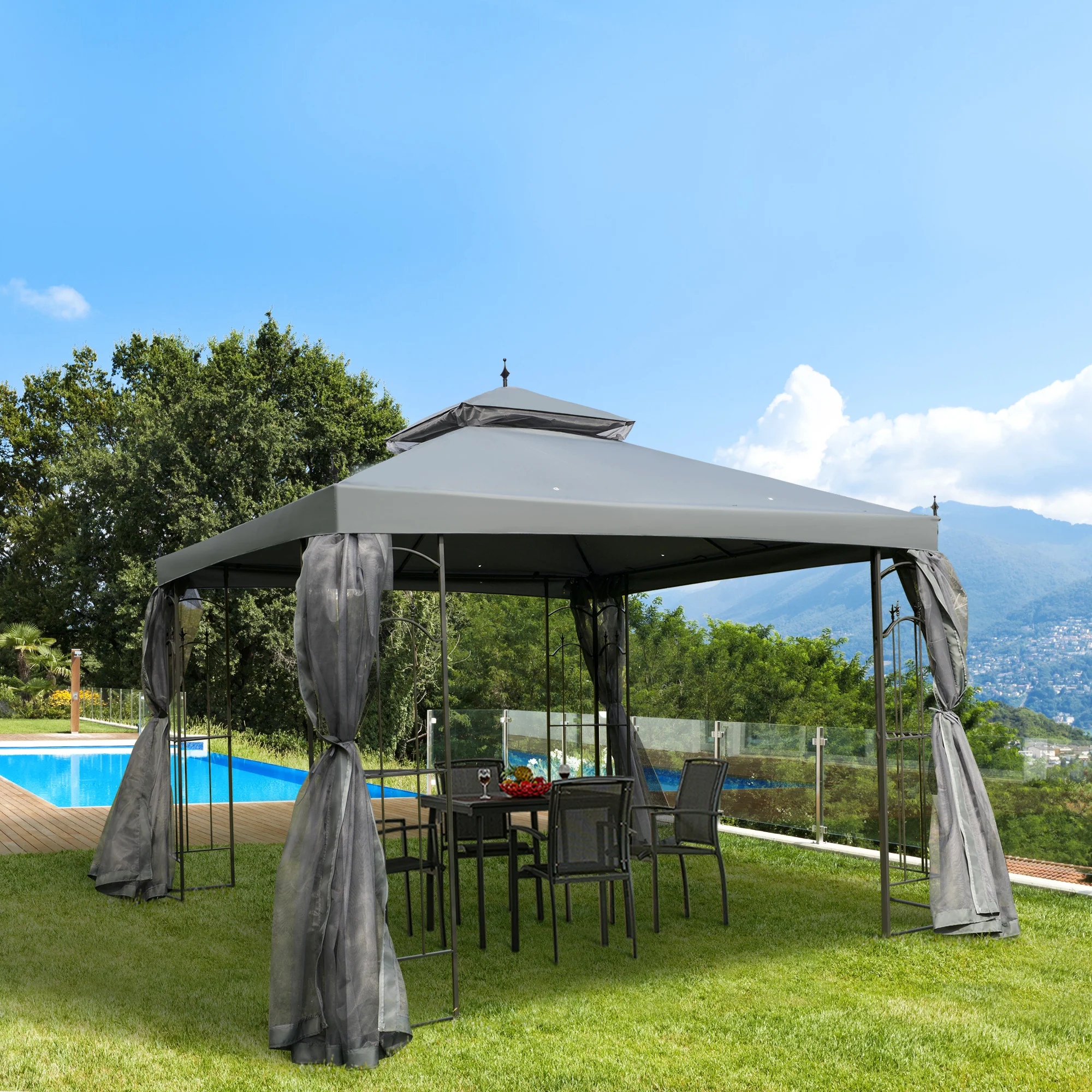 10' x 10' Patio Gazebo with Corner Shelves, Double Roof & Netting, Gray - Image 4