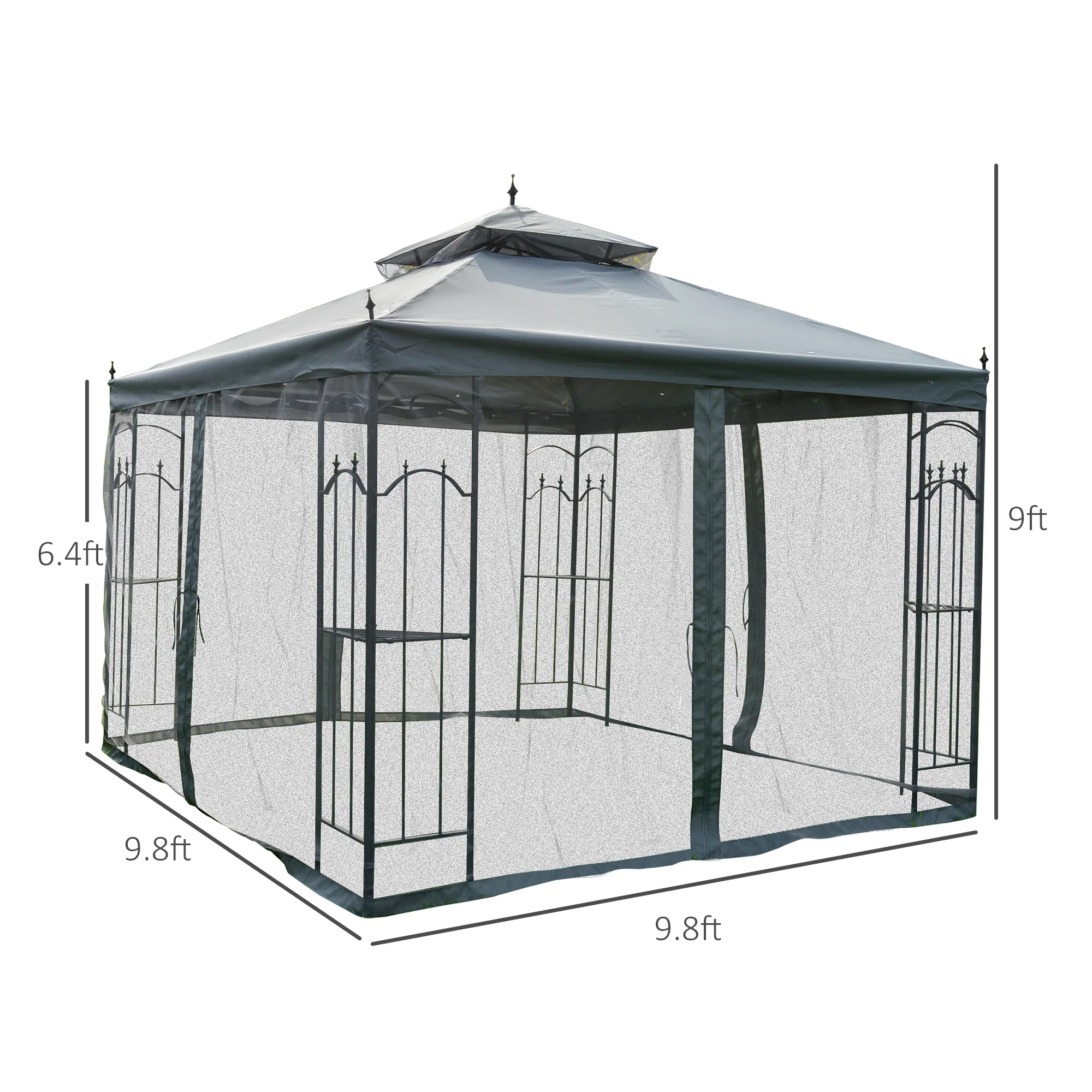 10' x 10' Patio Gazebo with Corner Shelves, Double Roof & Netting, Gray - Image 5