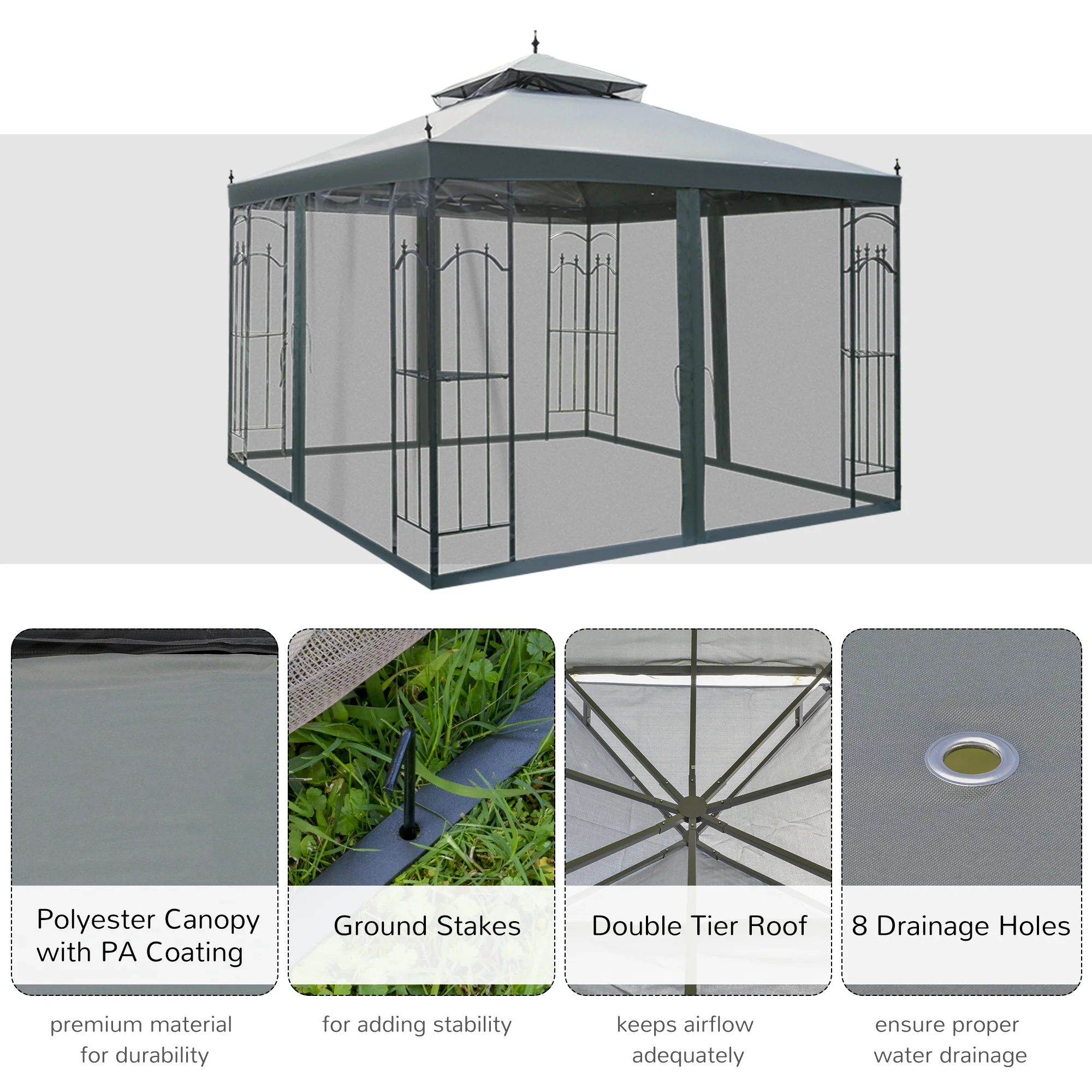 10' x 10' Patio Gazebo with Corner Shelves, Double Roof & Netting, Gray - Image 6