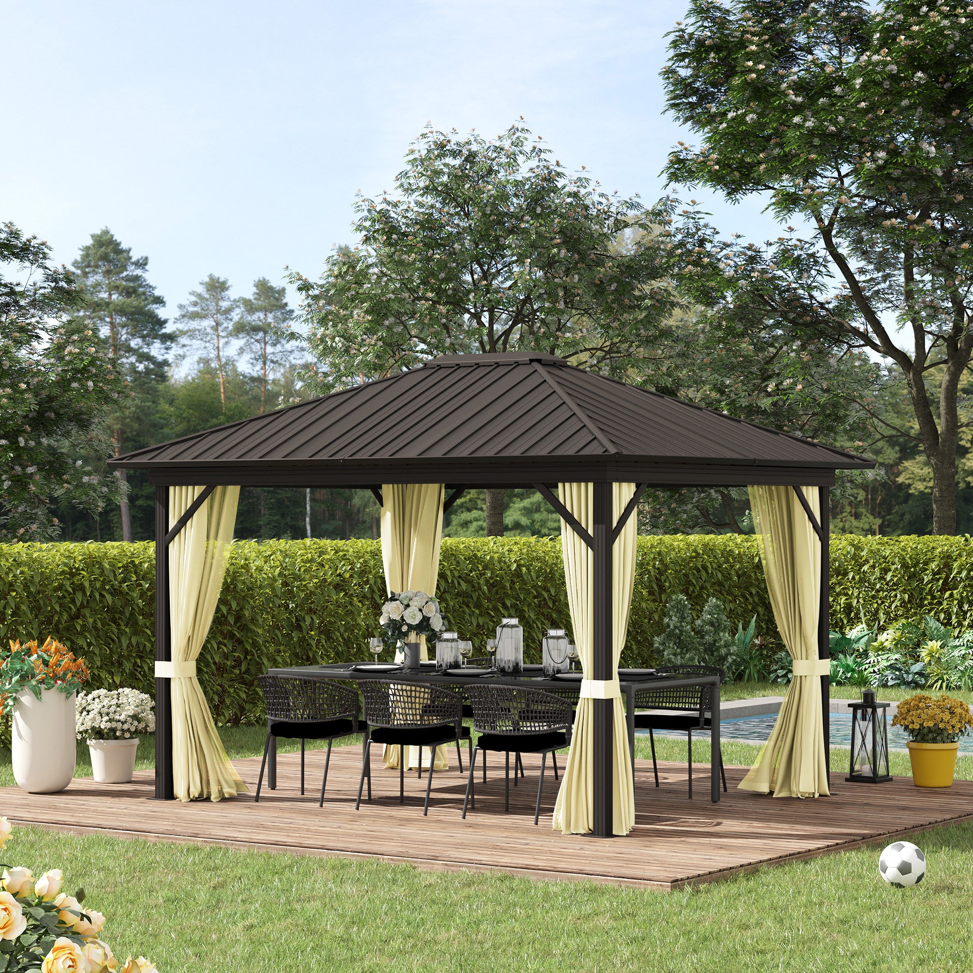 10' x 12' Hardtop Gazebo with Aluminum Frame, Curtains & Netting in Cream - Image 3