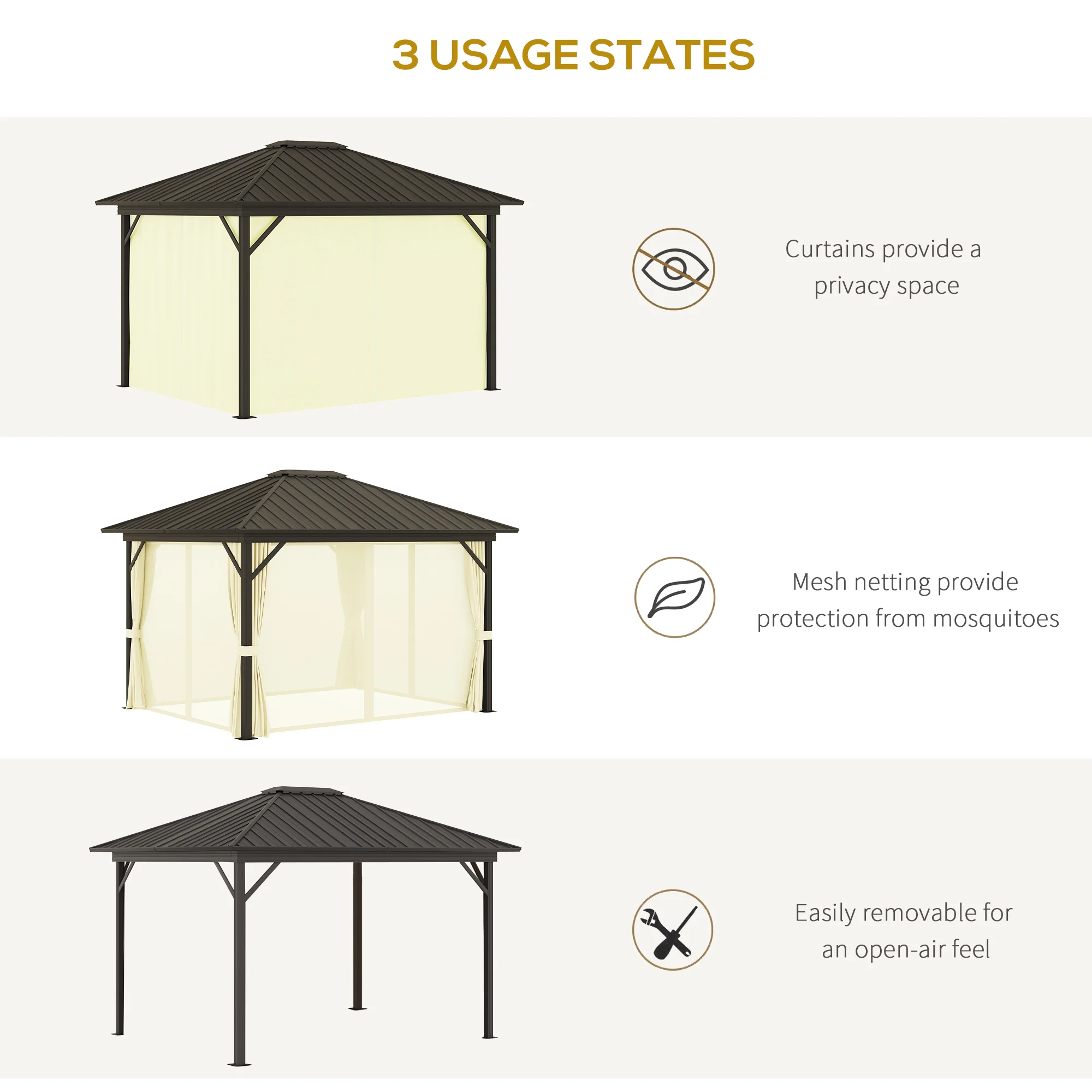 10' x 12' Hardtop Gazebo with Aluminum Frame, Curtains & Netting in Cream - Image 8