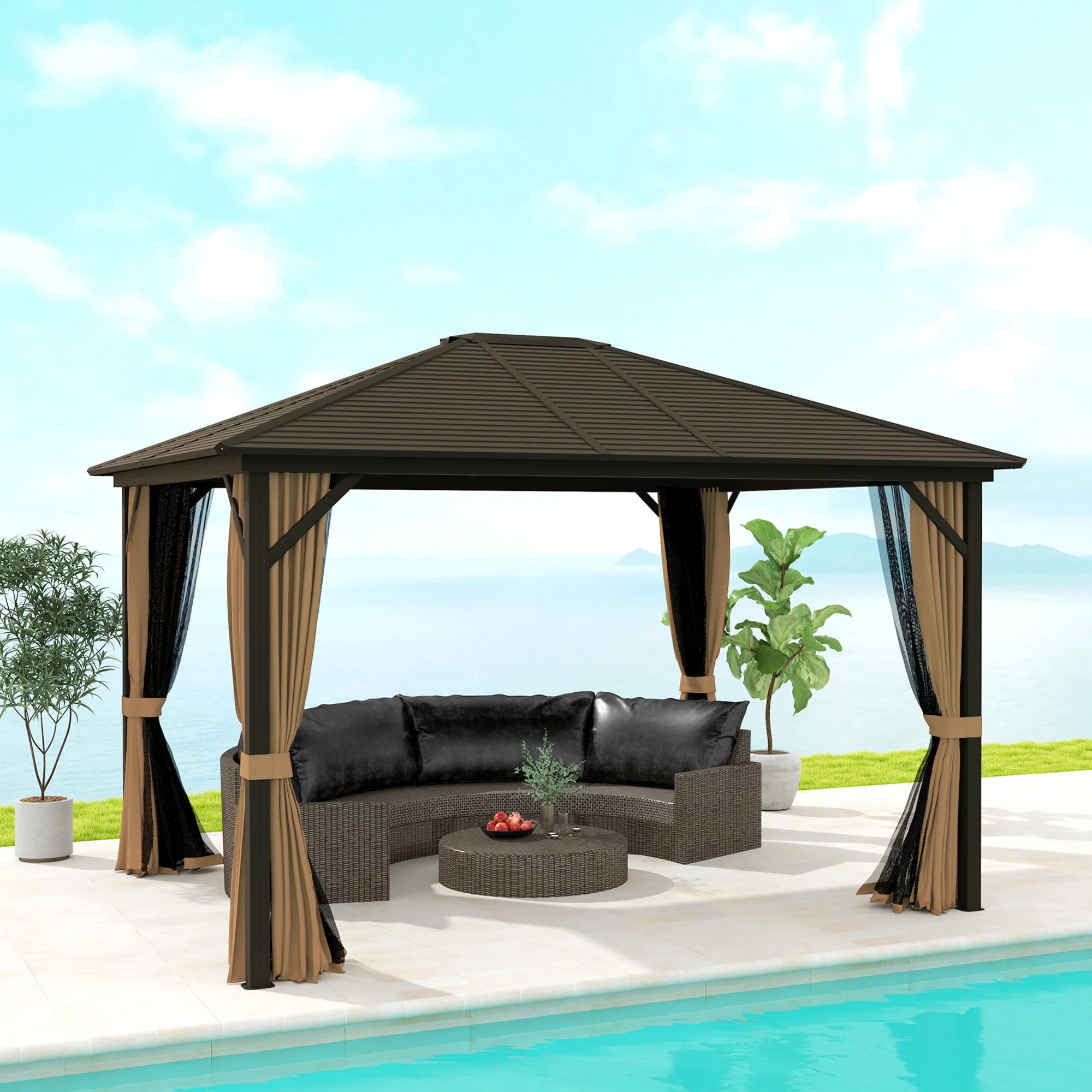 10' x 12' Hardtop Gazebo with Curtains, Netting & Aluminum Frame - Coffee - Image 3