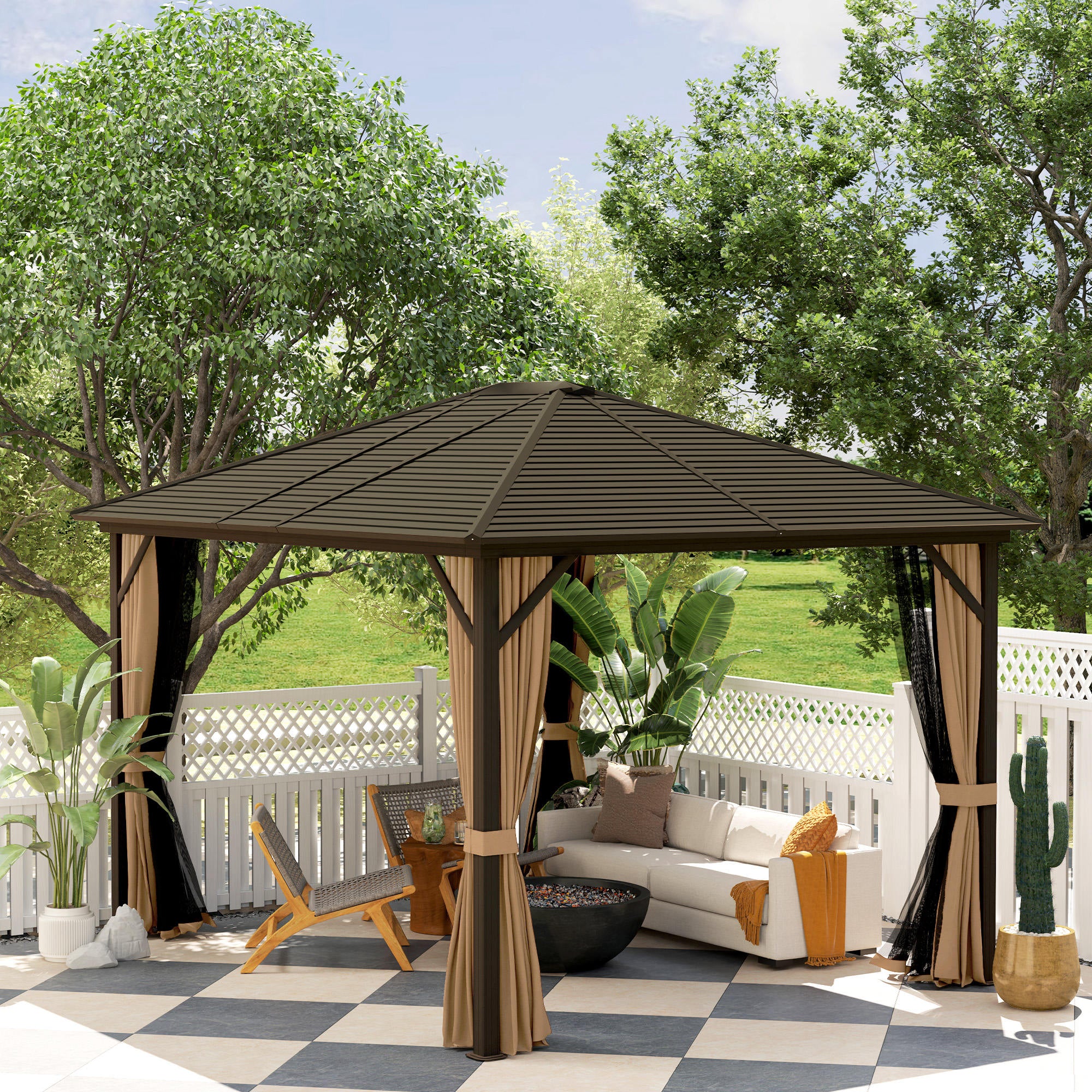 10' x 12' Hardtop Gazebo with Curtains, Netting & Aluminum Frame - Coffee - Image 4