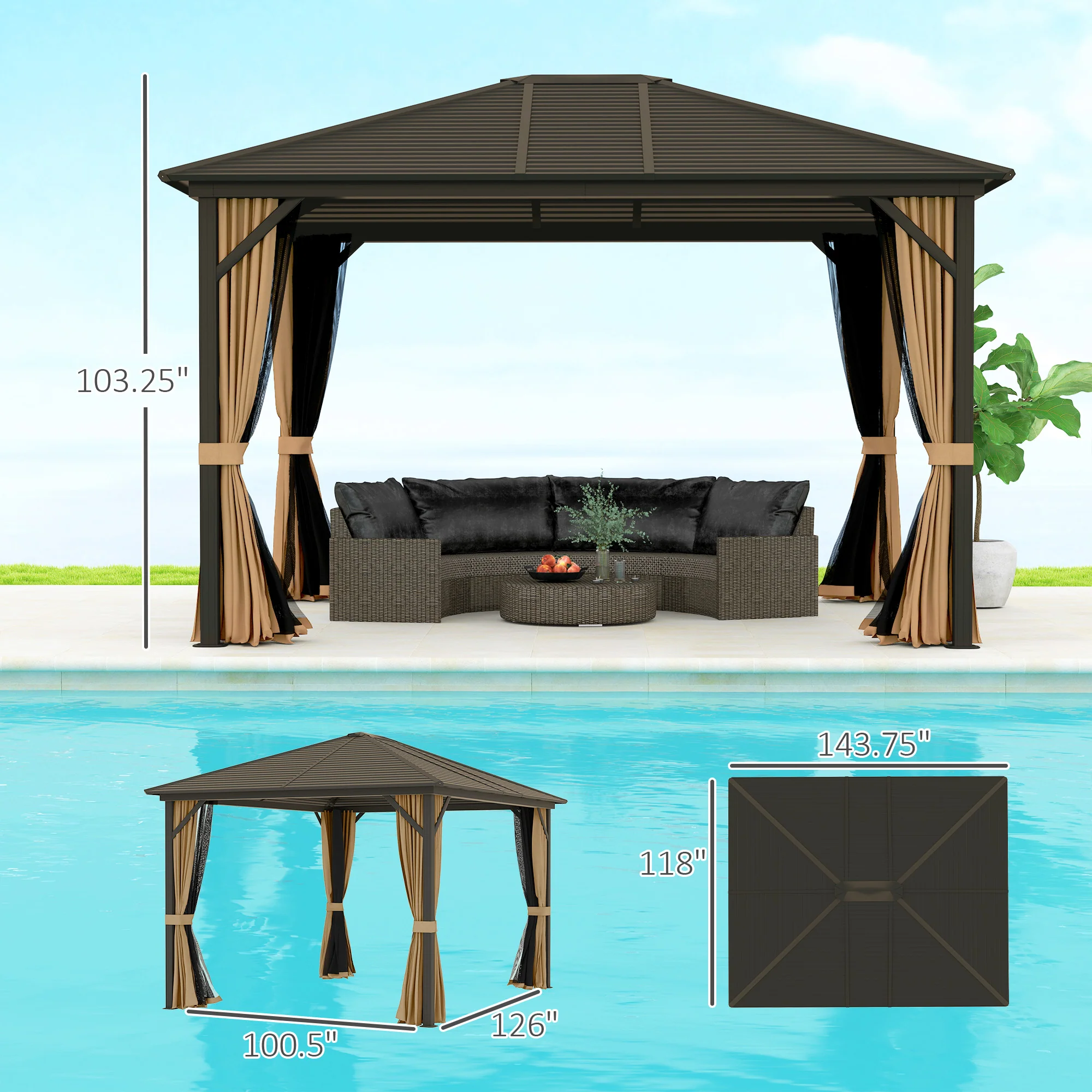 10' x 12' Hardtop Gazebo with Curtains, Netting & Aluminum Frame - Coffee - Image 5