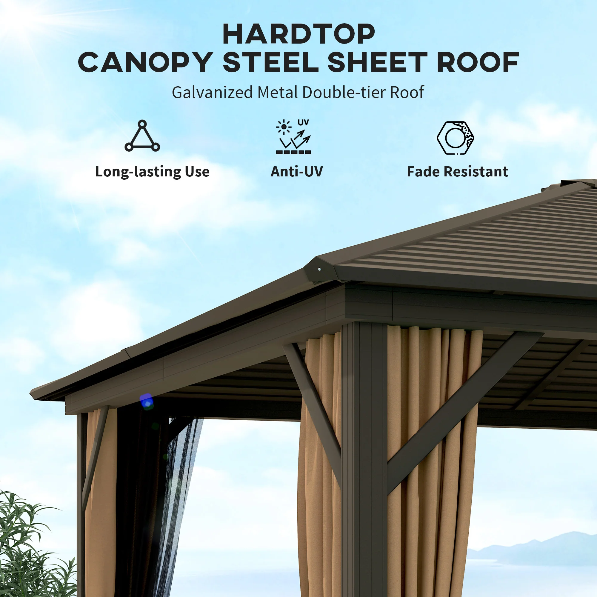 10' x 12' Hardtop Gazebo with Curtains, Netting & Aluminum Frame - Coffee - Image 6