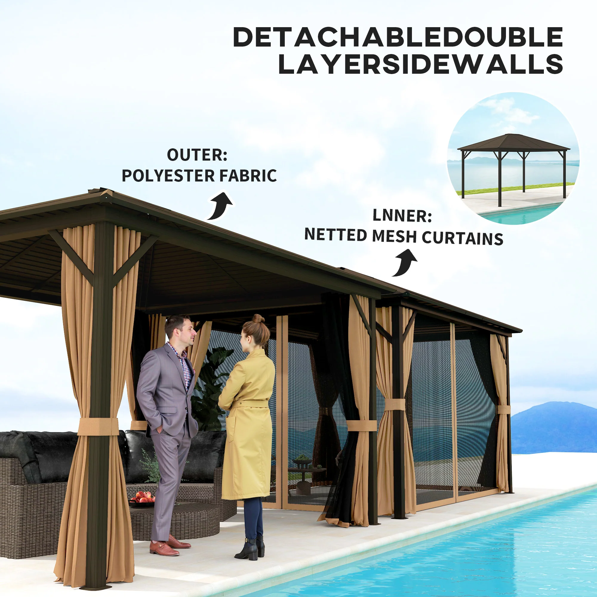 10' x 12' Hardtop Gazebo with Curtains, Netting & Aluminum Frame - Coffee - Image 7