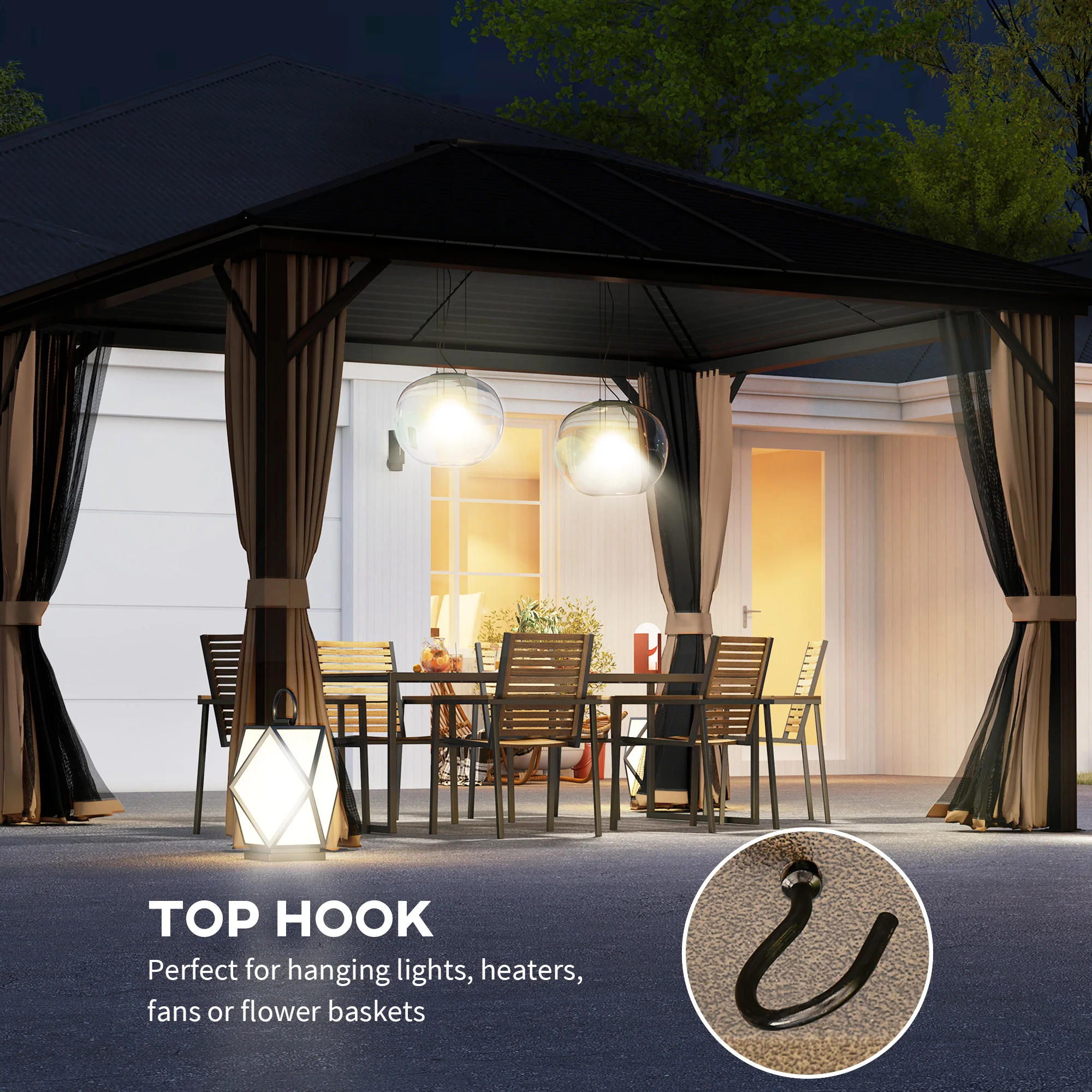 10' x 12' Hardtop Gazebo with Curtains, Netting & Aluminum Frame - Coffee - Image 9