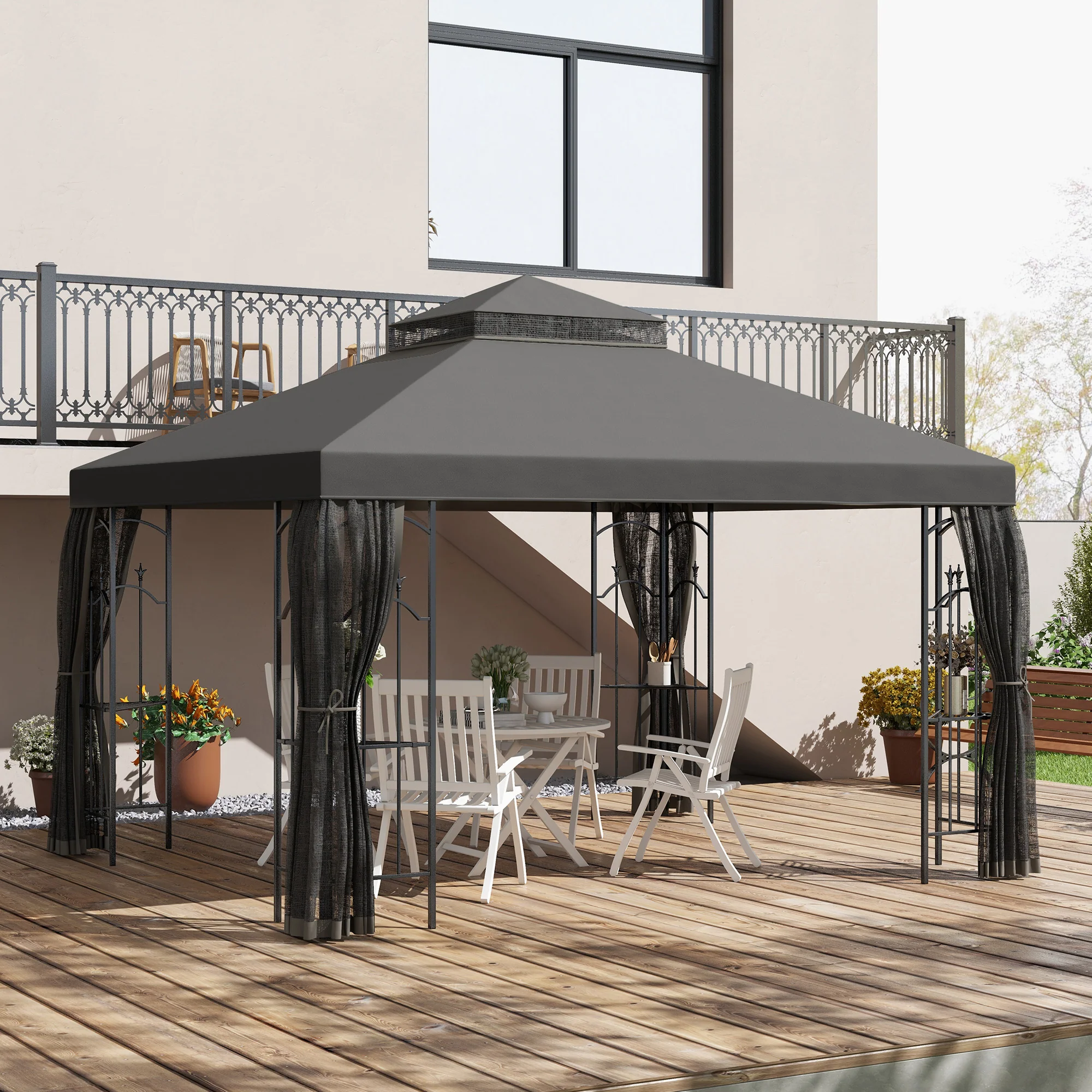 10' x 12' Patio Gazebo with Corner Shelves, Double Roof & Netting, Gray - Image 3