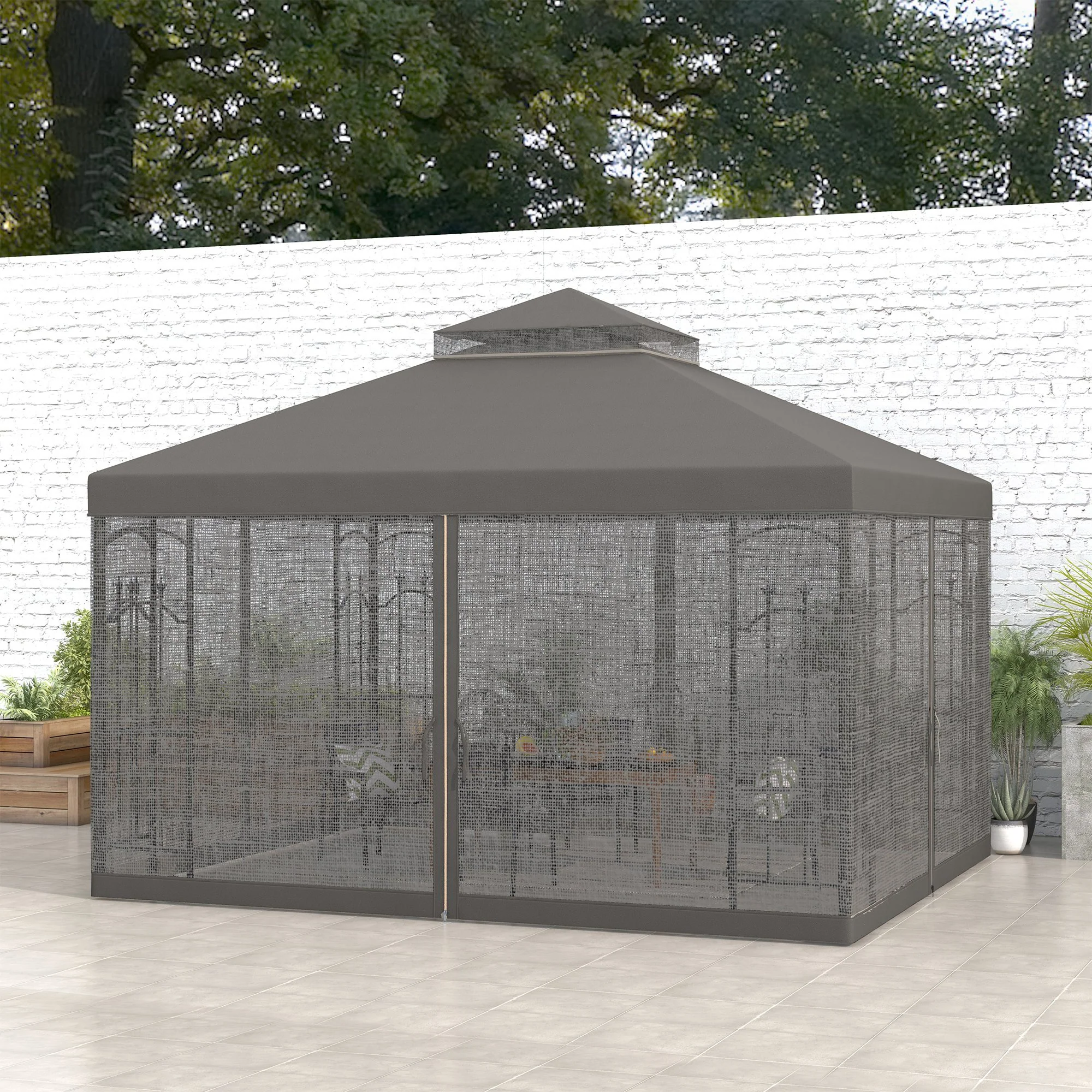 10' x 12' Patio Gazebo with Corner Shelves, Double Roof & Netting, Gray - Image 4