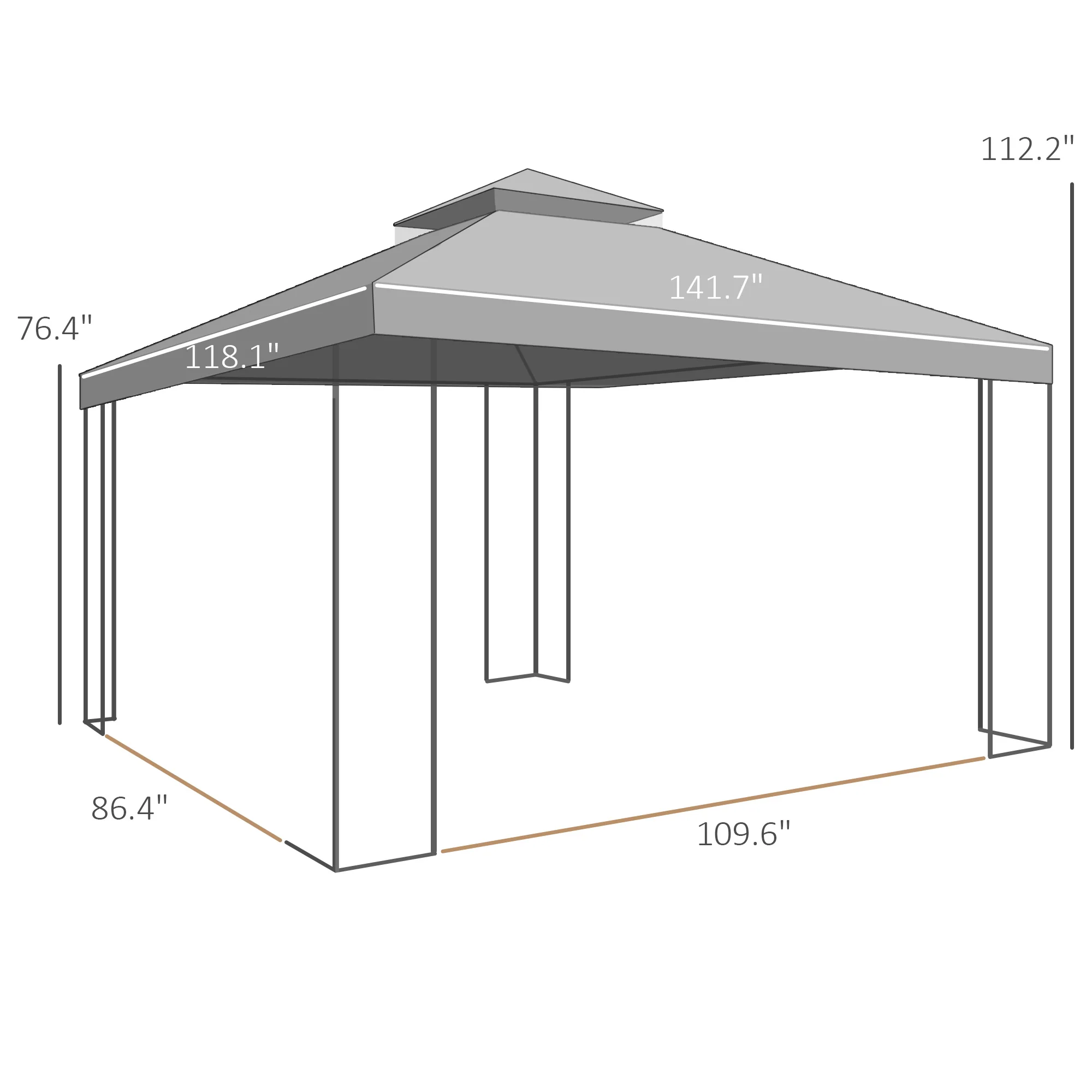 10' x 12' Patio Gazebo with Corner Shelves, Double Roof & Netting, Gray - Image 5