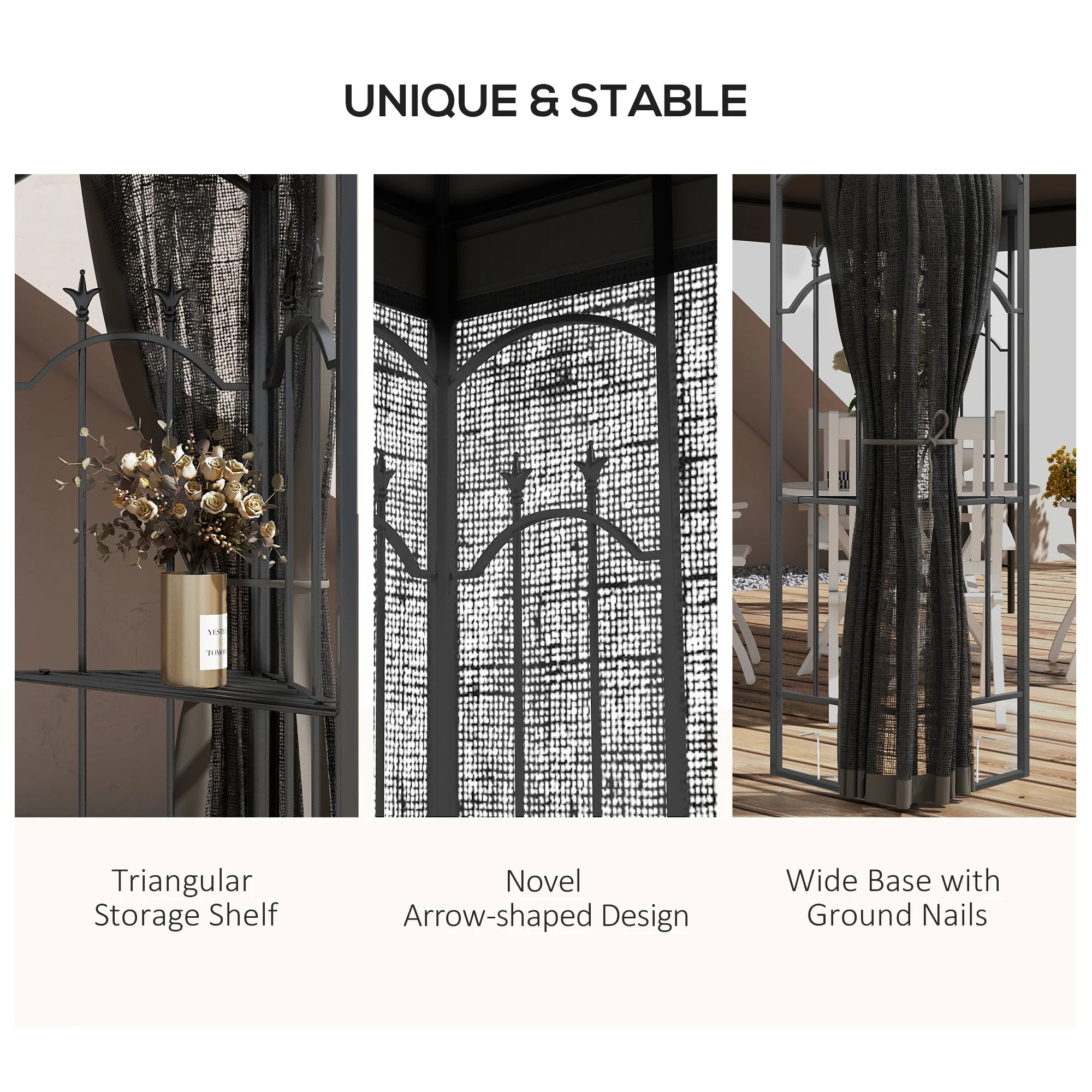 10' x 12' Patio Gazebo with Corner Shelves, Double Roof & Netting, Gray - Image 6