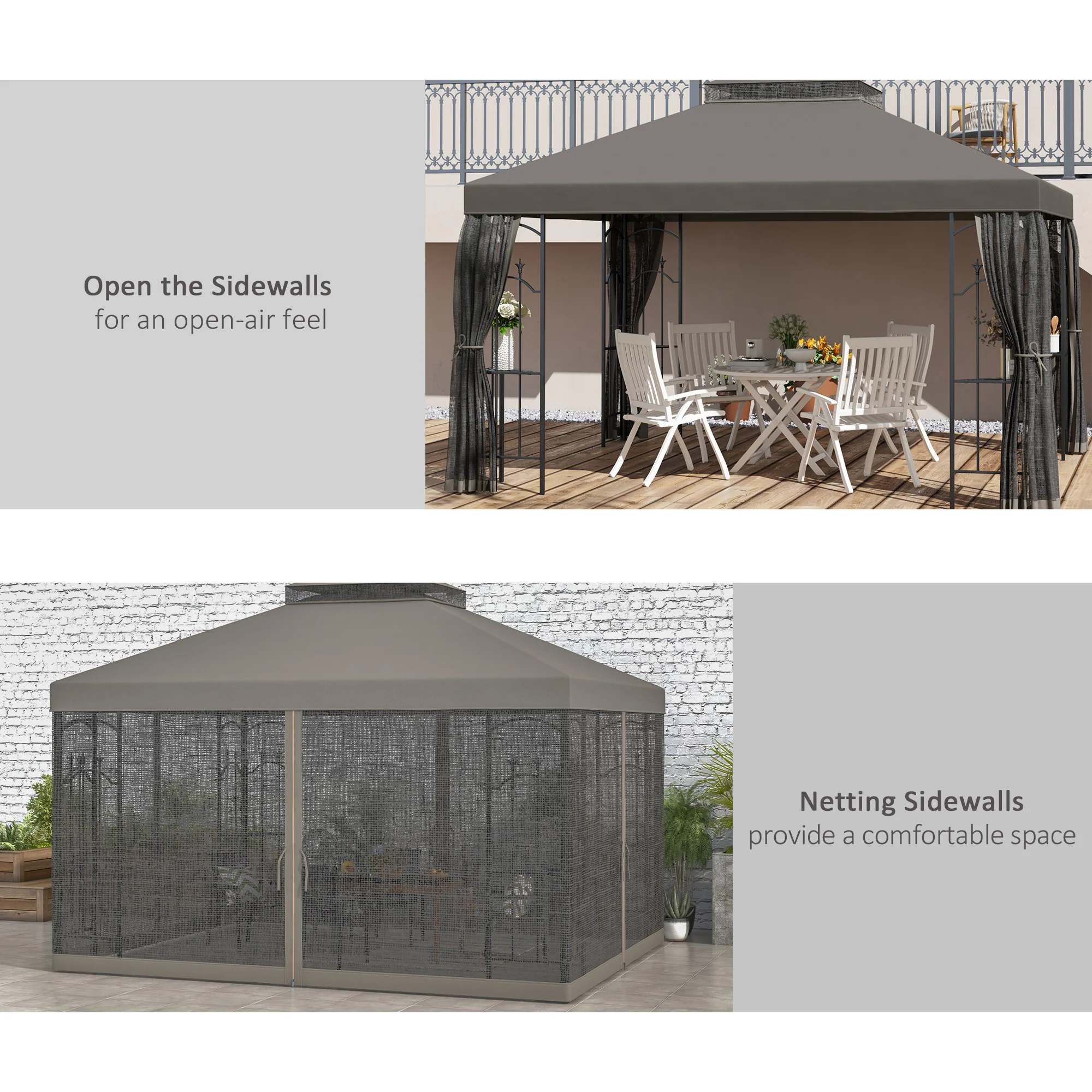 10' x 12' Patio Gazebo with Corner Shelves, Double Roof & Netting, Gray - Image 7