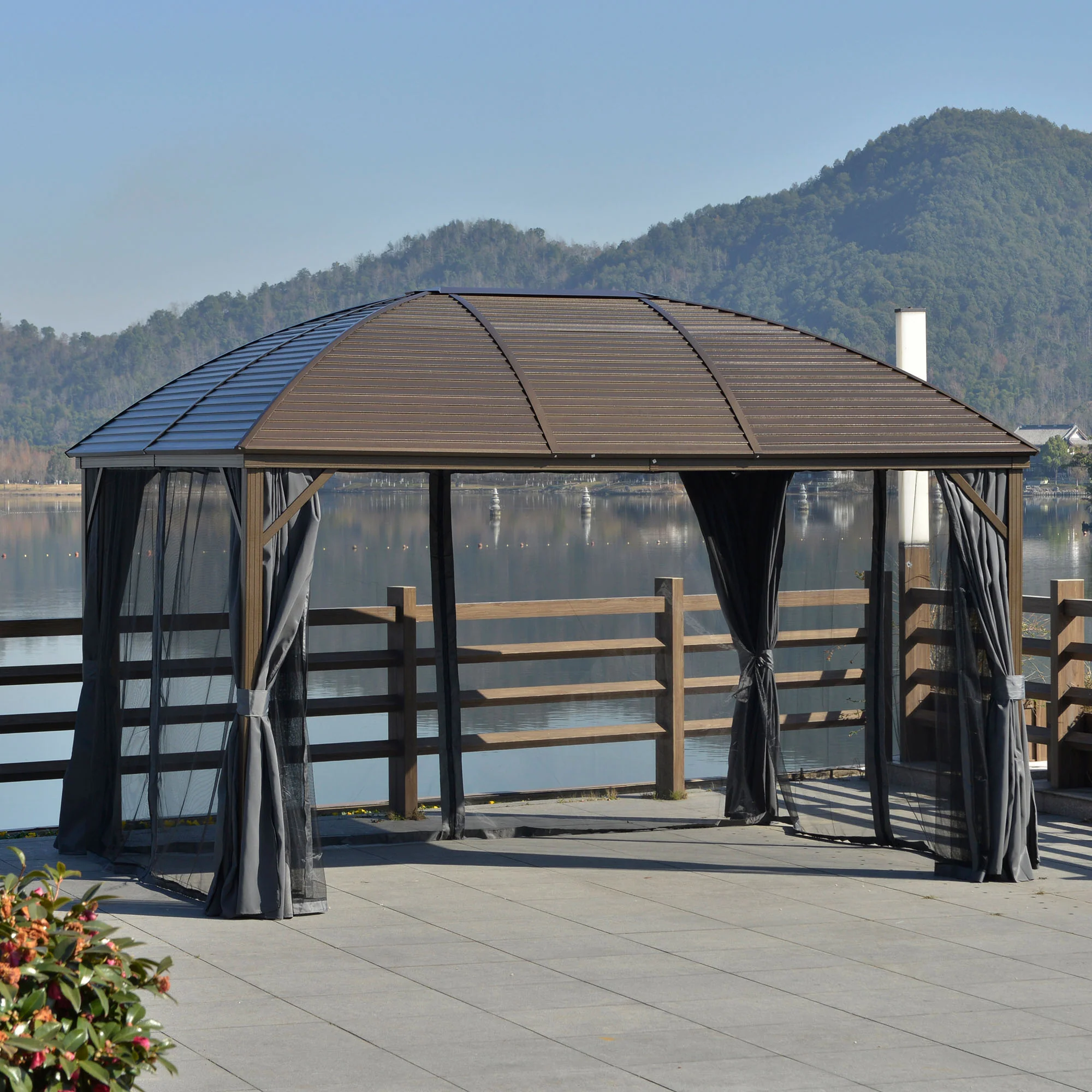10' x 13' Hardtop Gazebo with Curtains, Netting, Steel Roof, Ceiling Hook, Gray - Image 3