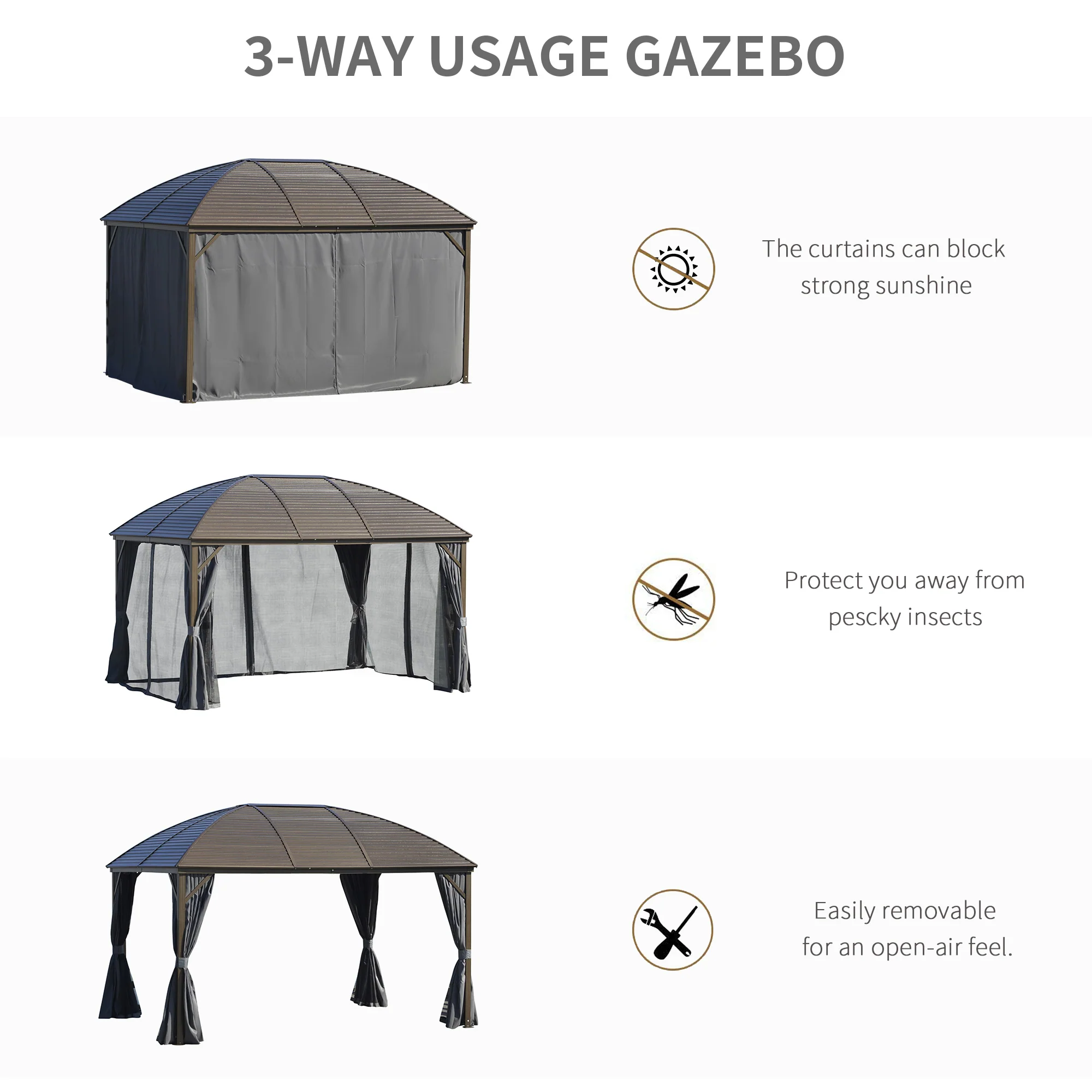 10' x 13' Hardtop Gazebo with Curtains, Netting, Steel Roof, Ceiling Hook, Gray - Image 6