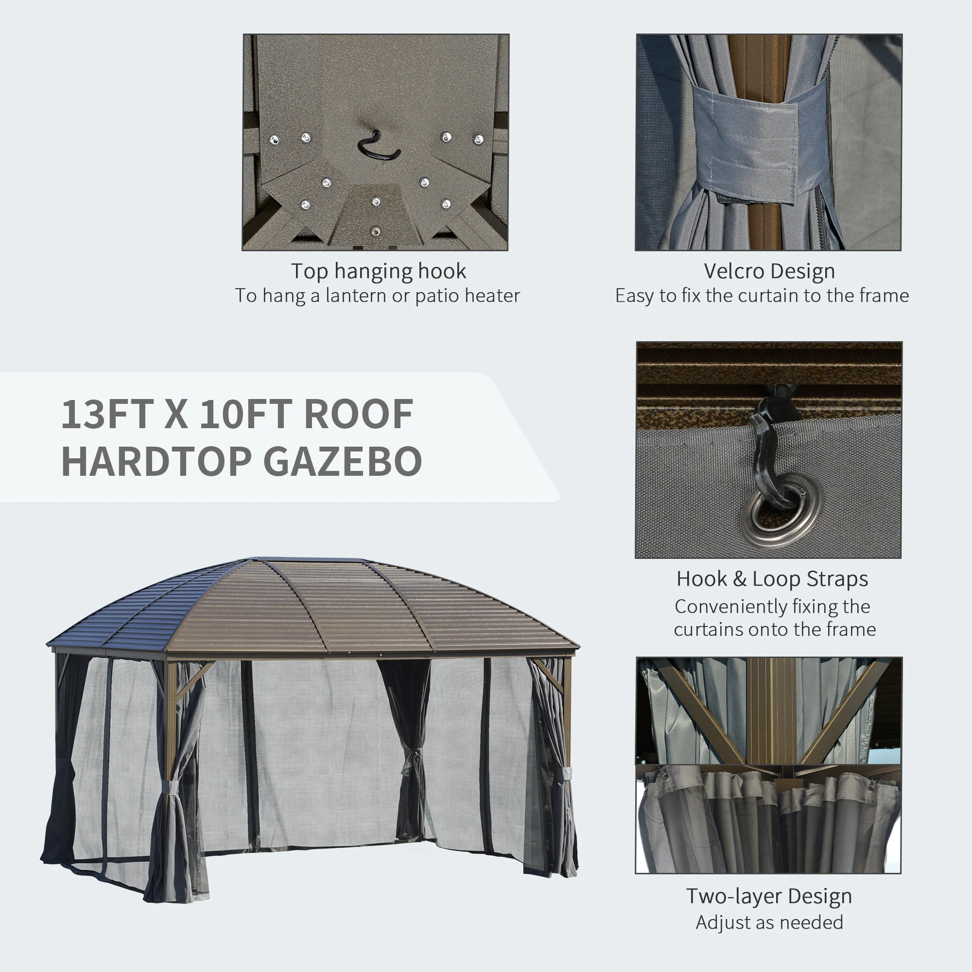 10' x 13' Hardtop Gazebo with Curtains, Netting, Steel Roof, Ceiling Hook, Gray - Image 8