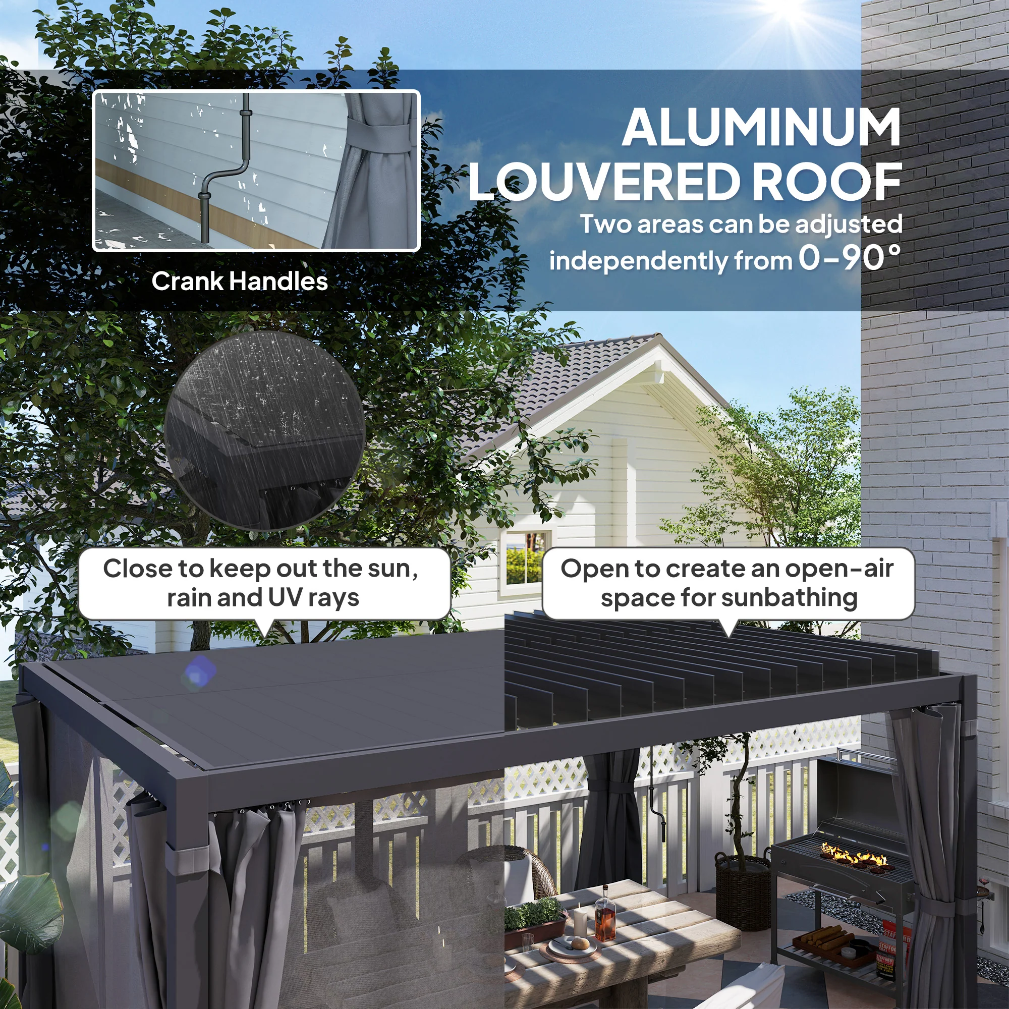 10' x 13' Aluminum Pergola with Adjustable Louvered Roof, Includes Curtains & Netting, Dark Gray - Image 5