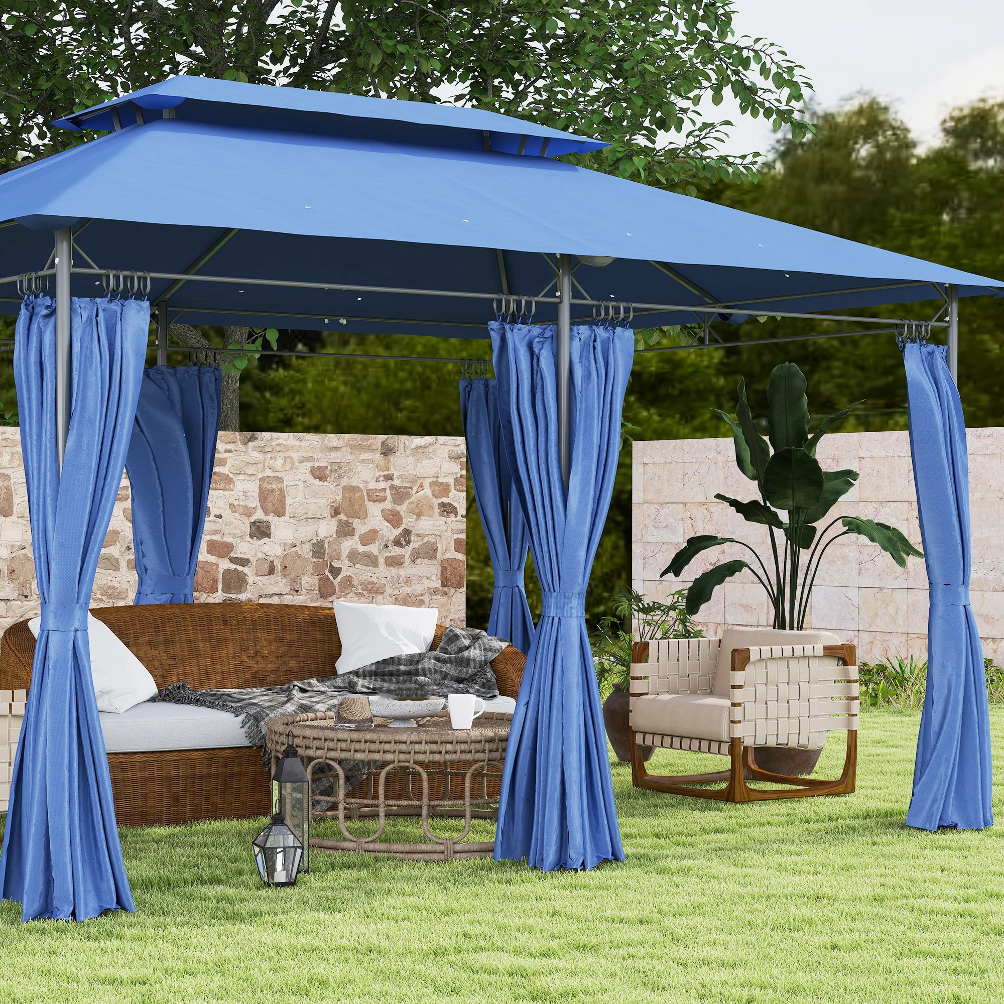 10' x 13' Double Roof Patio Gazebo with Weather-Resistant Curtains, Dark Blue - Image 10