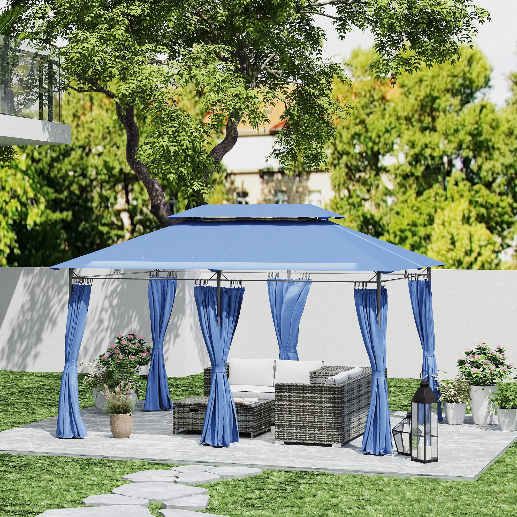 10' x 13' Double Roof Patio Gazebo with Weather-Resistant Curtains, Dark Blue - Image 3
