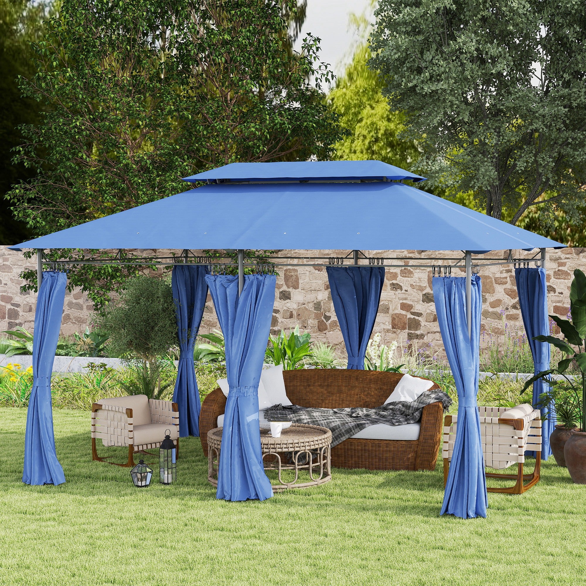 10' x 13' Double Roof Patio Gazebo with Weather-Resistant Curtains, Dark Blue - Image 4