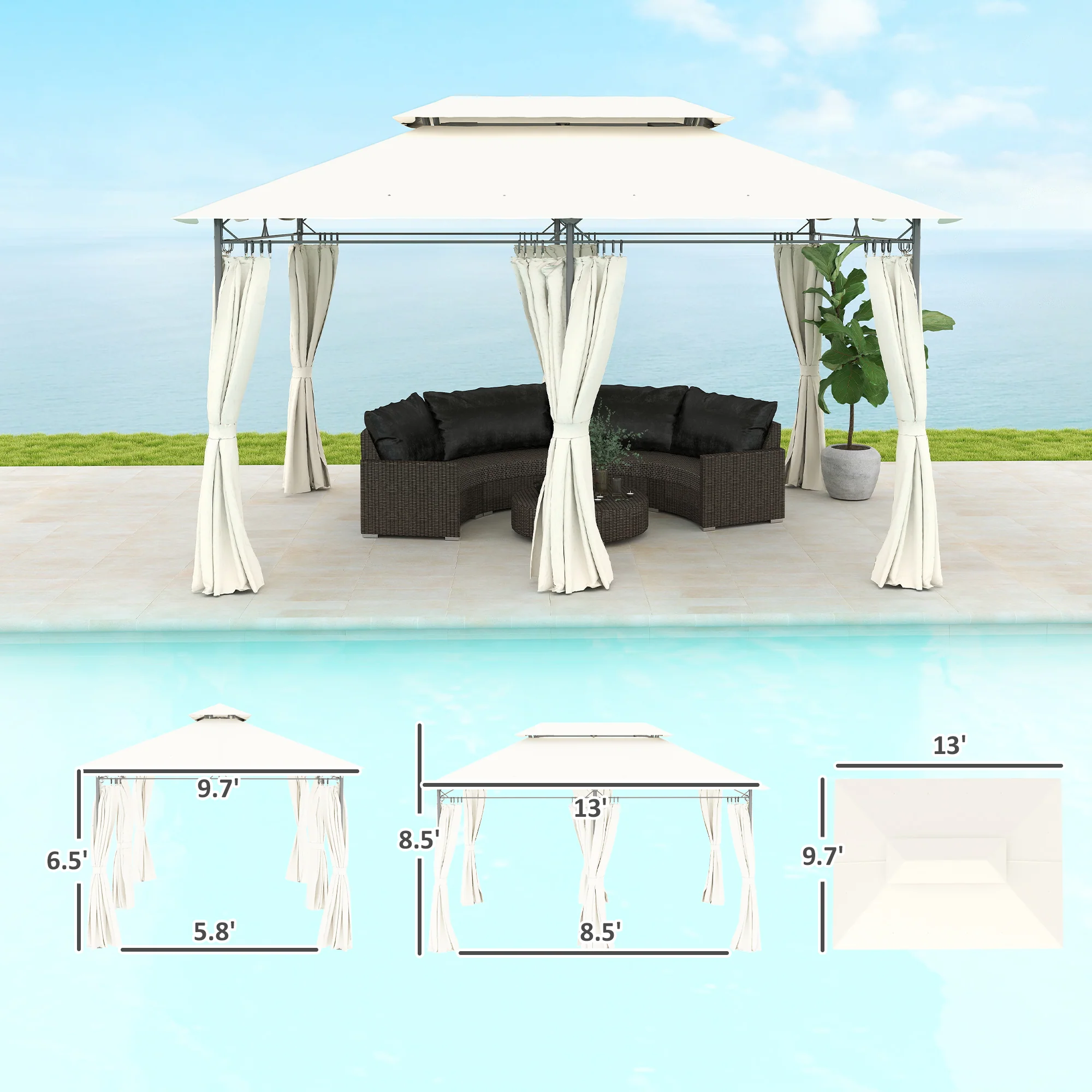 10' x 13' Double Roof Outdoor Gazebo with Curtains, Cream White - Image 5