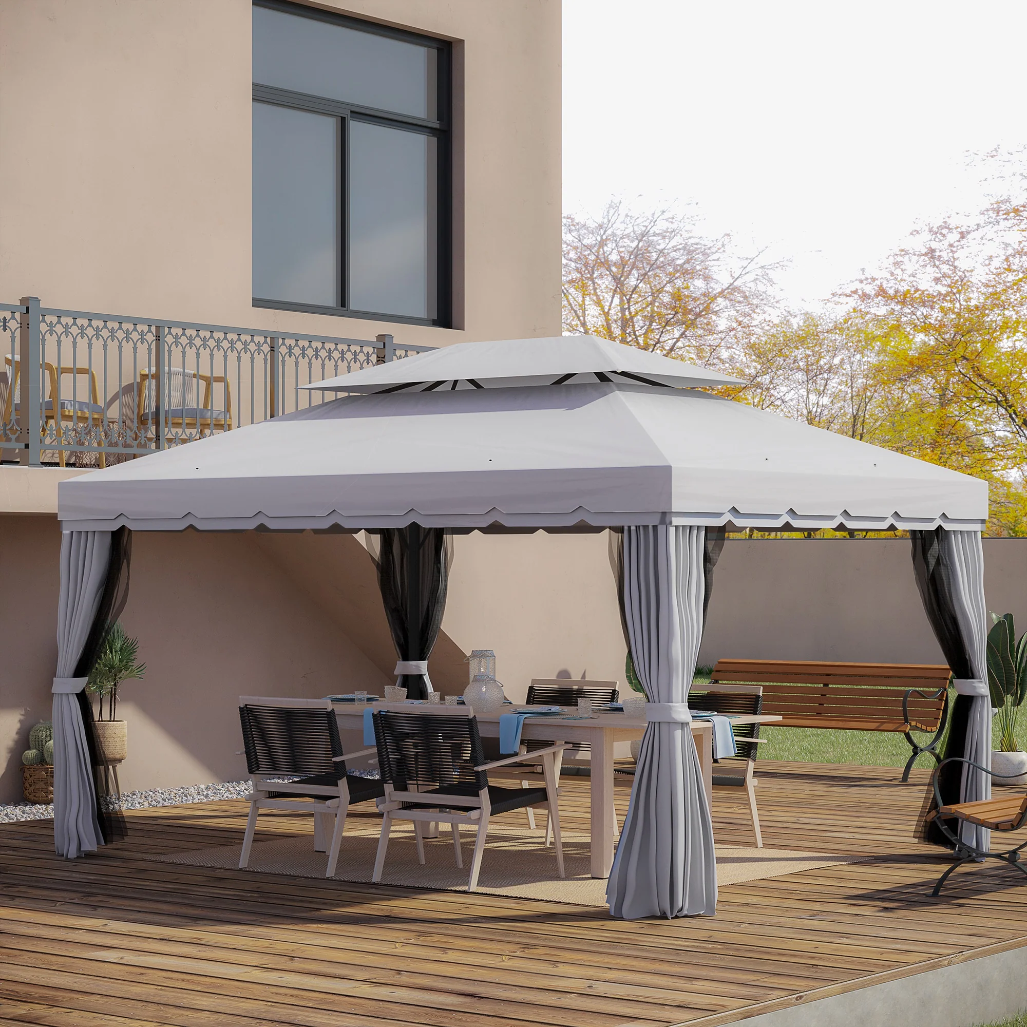 10' x 13' Patio Gazebo with Aluminum Frame, Double Roof, Netting & Light Gray Curtains - Image 3