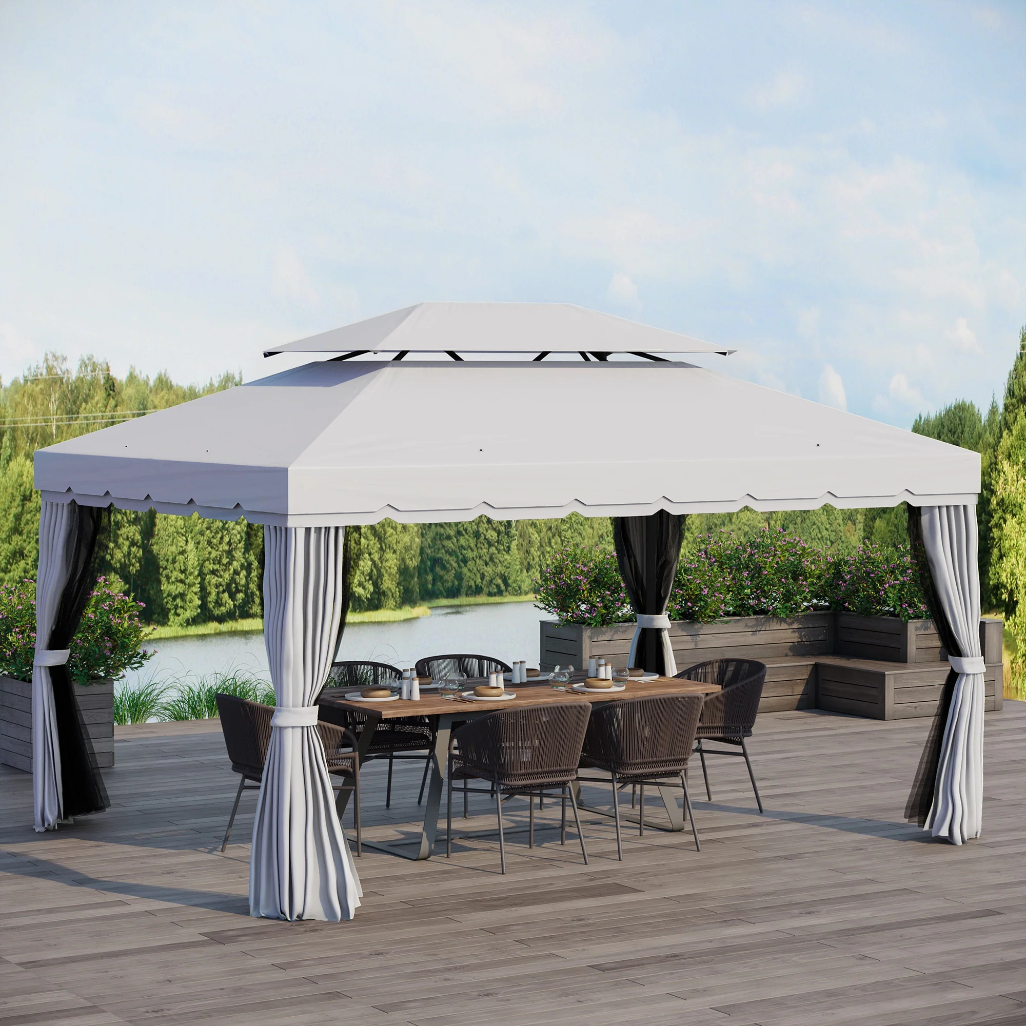 10' x 13' Patio Gazebo with Aluminum Frame, Double Roof, Netting & Light Gray Curtains - Image 4