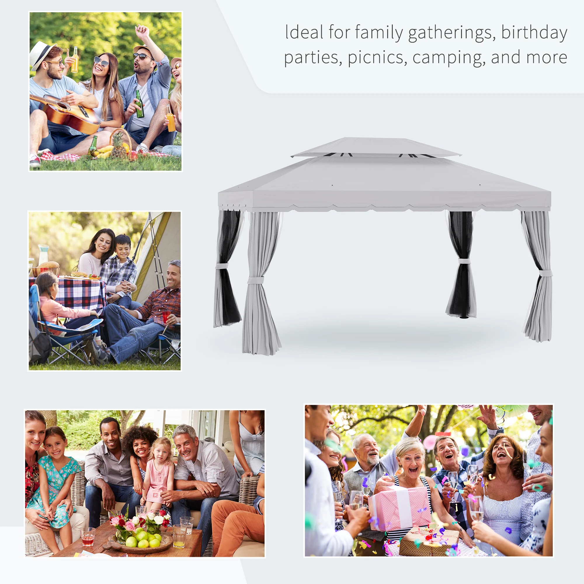 10' x 13' Patio Gazebo with Aluminum Frame, Double Roof, Netting & Light Gray Curtains - Image 9