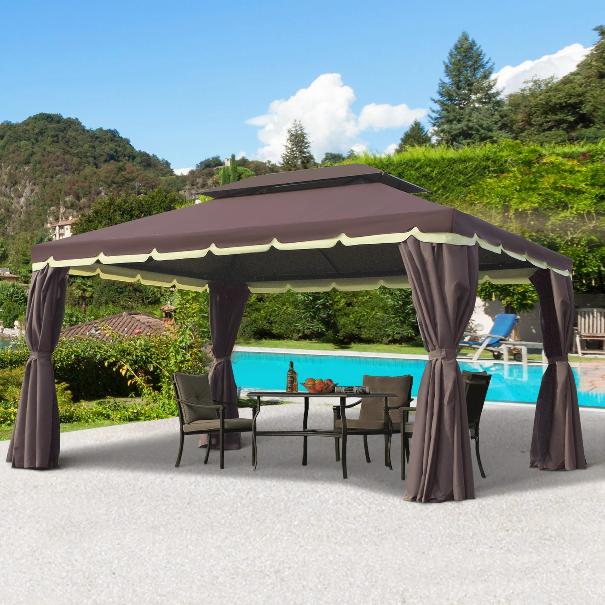 10' x 13' Patio Gazebo with Outdoor Canopy Shelter, Aluminum Frame, Netting, Curtains, Coffee - Image 3