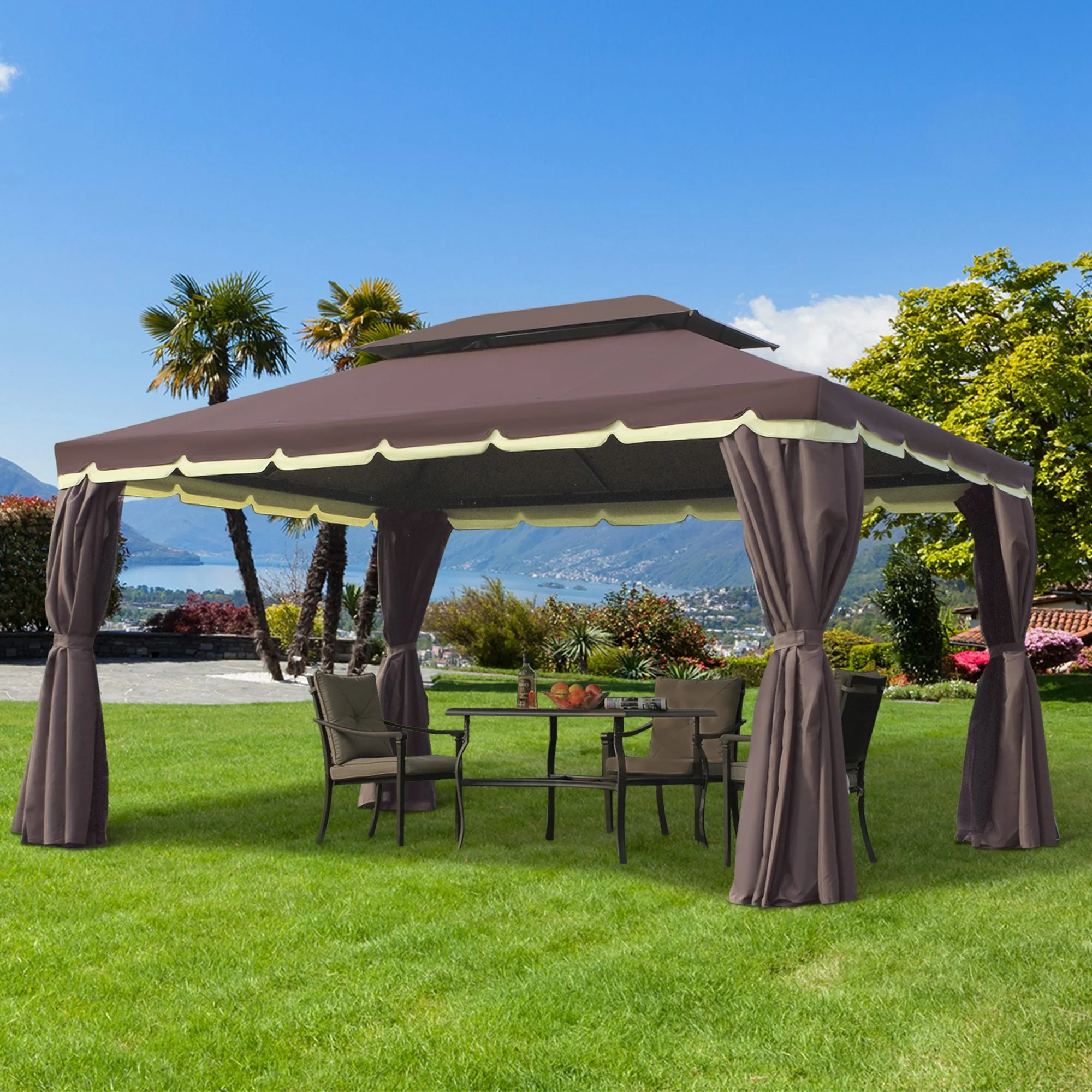 10' x 13' Patio Gazebo with Outdoor Canopy Shelter, Aluminum Frame, Netting, Curtains, Coffee - Image 4