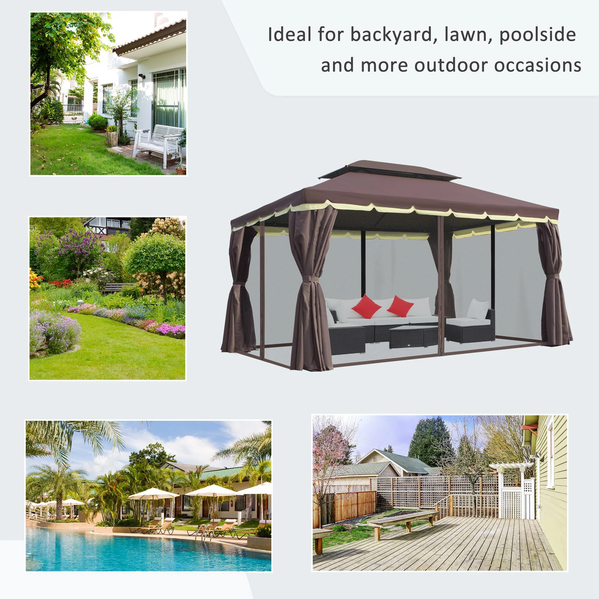 10' x 13' Patio Gazebo with Outdoor Canopy Shelter, Aluminum Frame, Netting, Curtains, Coffee - Image 8