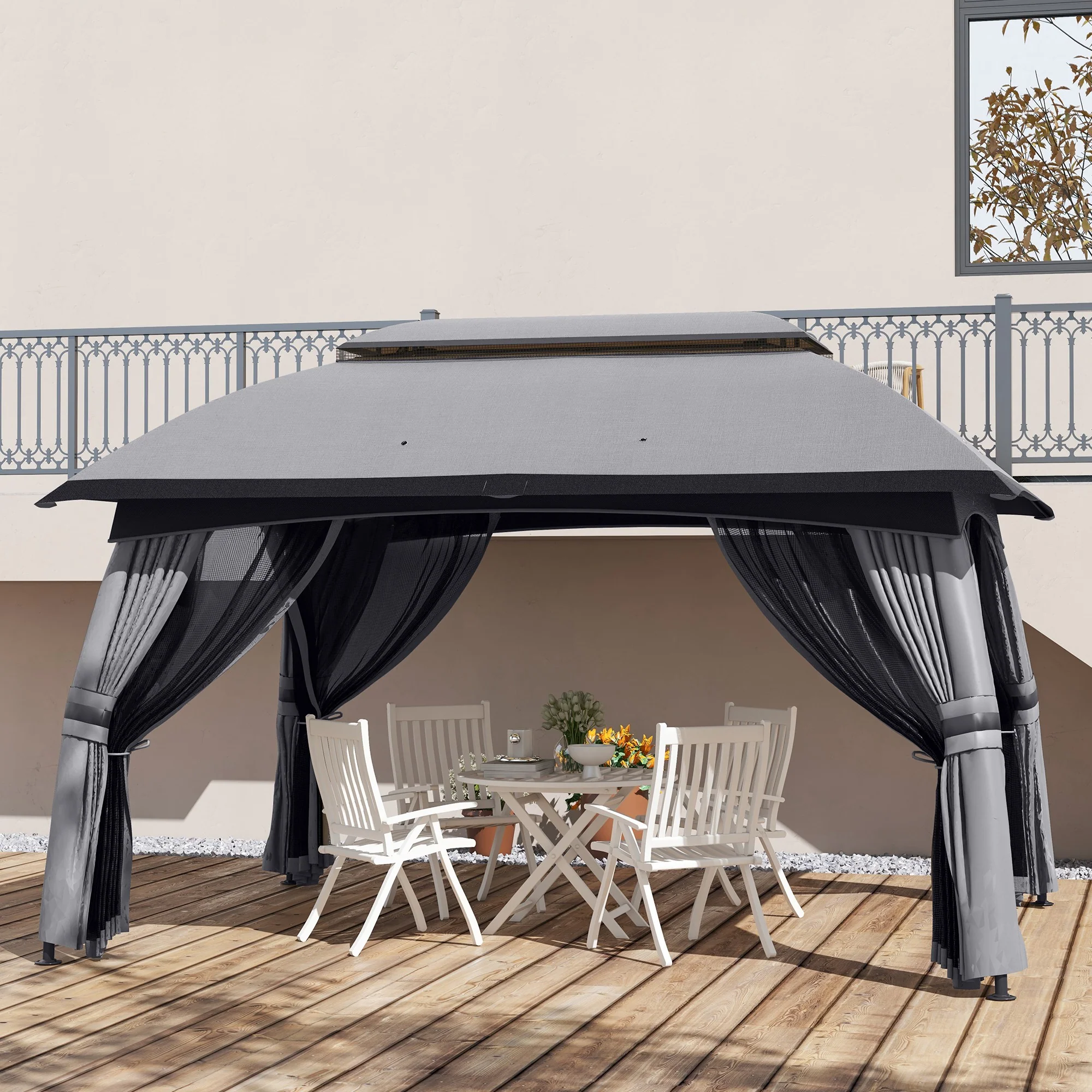 10' x 13' Patio Gazebo with Netting, Curtains & Vented Roof, Dark Gray - Image 10