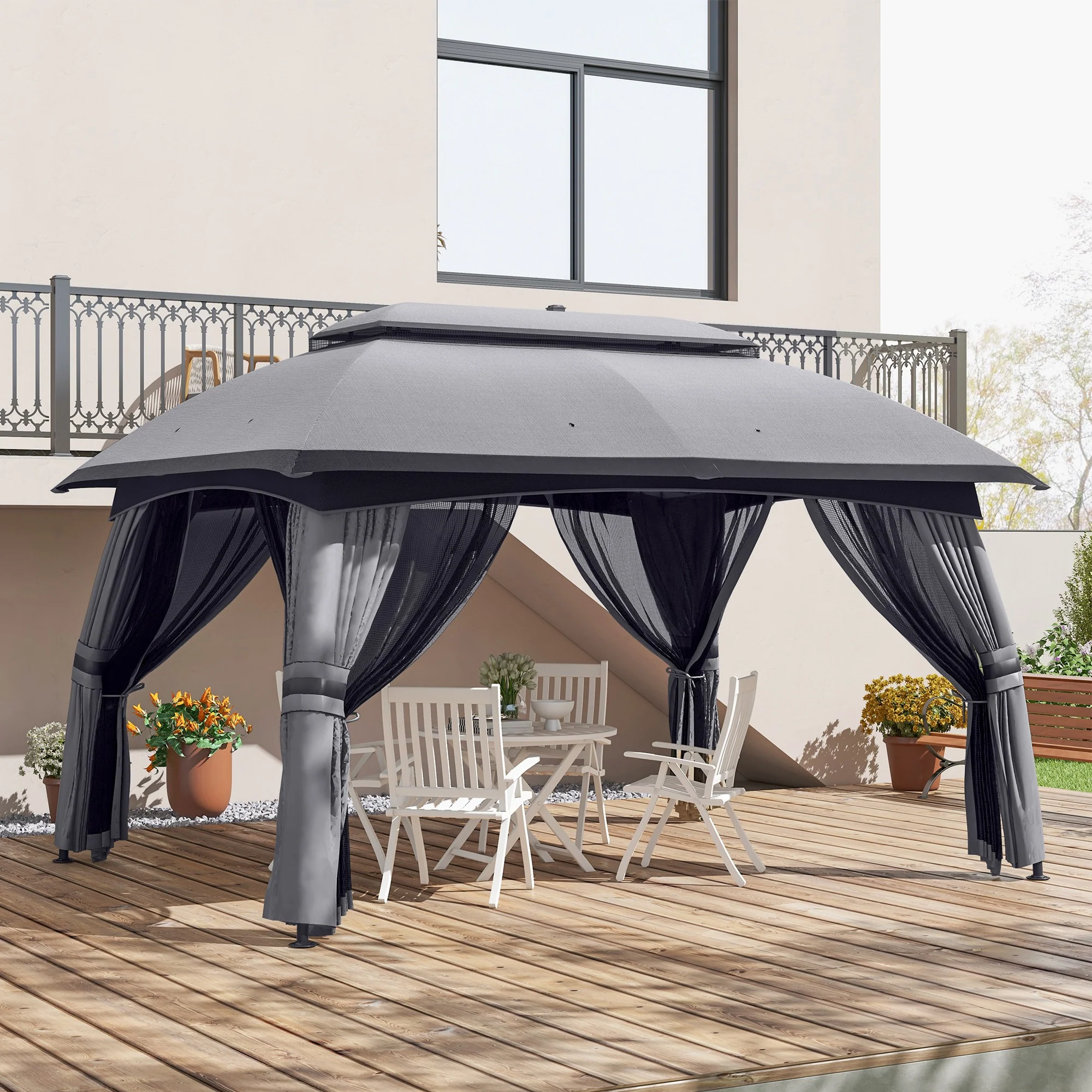 10' x 13' Patio Gazebo with Netting, Curtains & Vented Roof, Dark Gray - Image 3