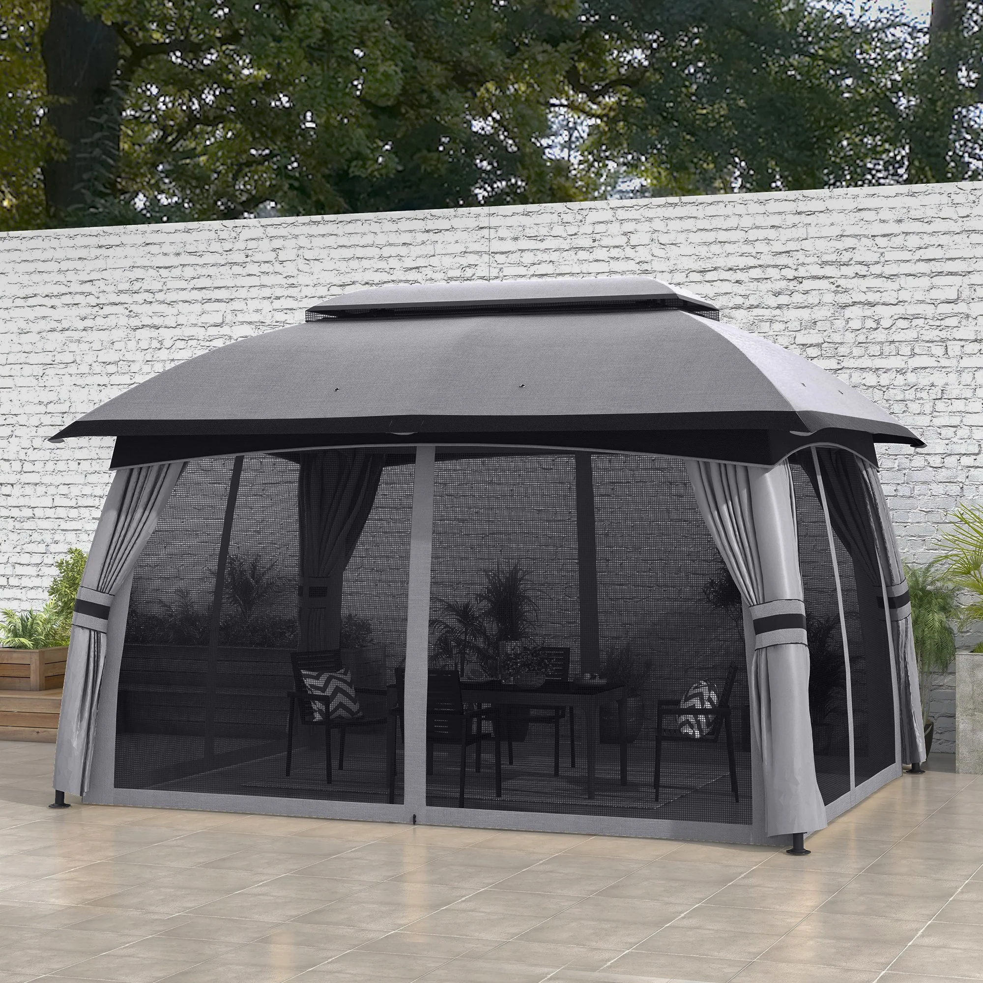 10' x 13' Patio Gazebo with Netting, Curtains & Vented Roof, Dark Gray - Image 4