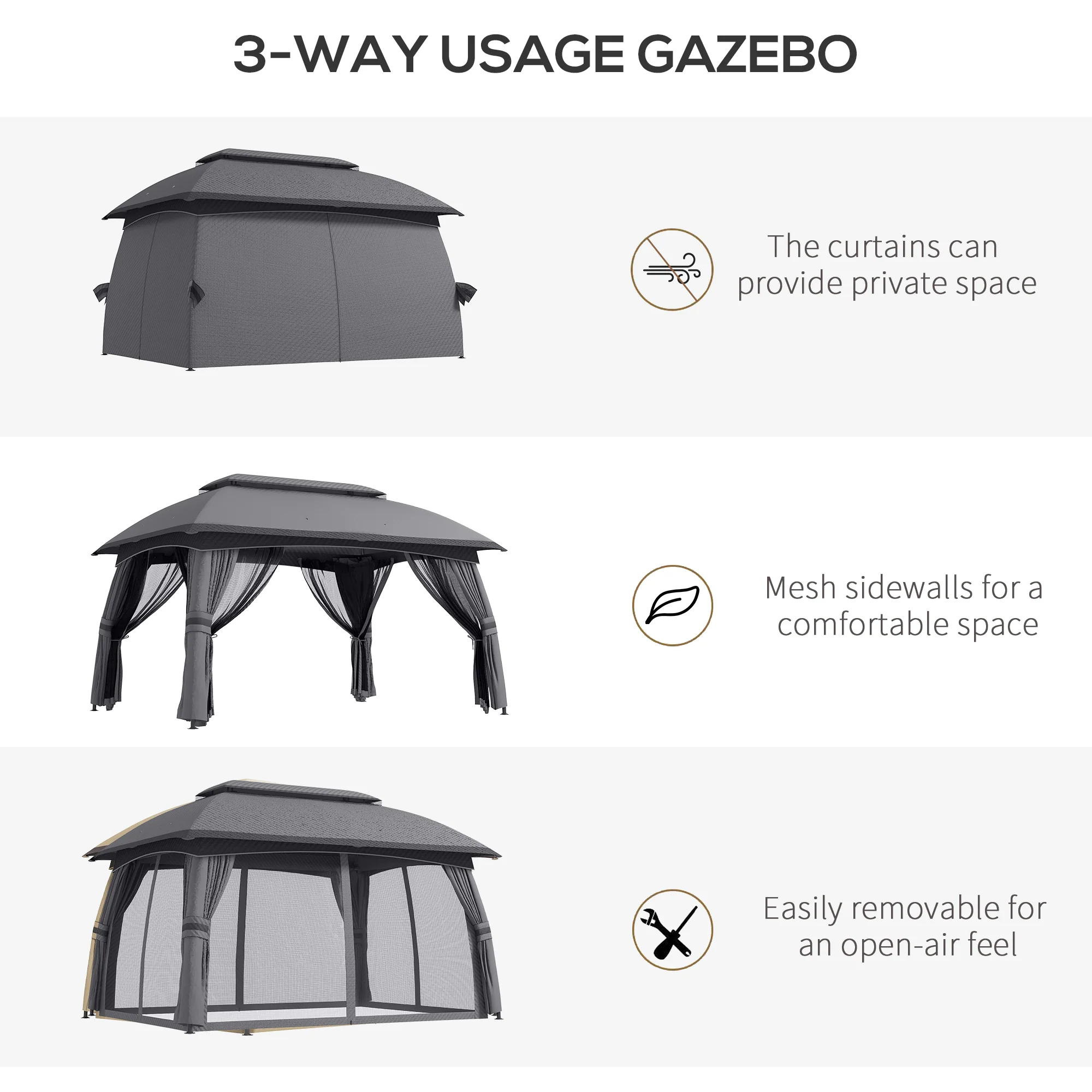 10' x 13' Patio Gazebo with Netting, Curtains & Vented Roof, Dark Gray - Image 7