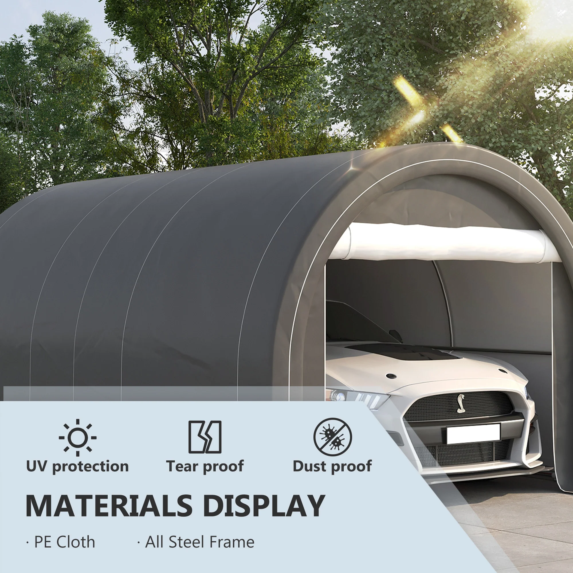 10' x 16' Heavy-Duty Portable Carport with Anti-UV Canopy & Large Zippered Door, Gray - Image 6