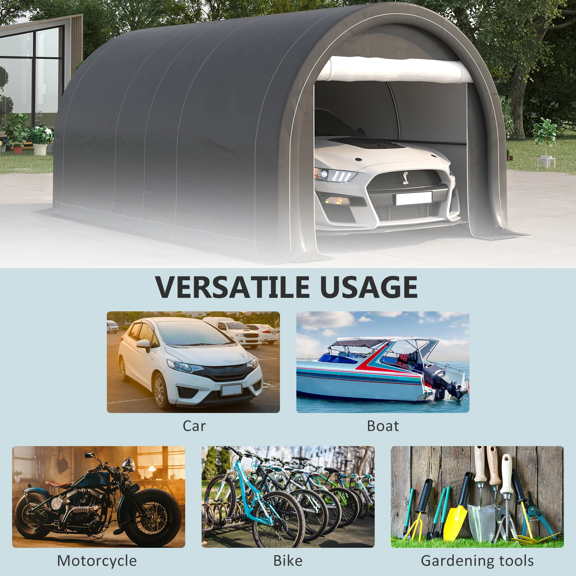 10' x 16' Heavy-Duty Portable Carport with Anti-UV Canopy & Large Zippered Door, Gray - Image 9