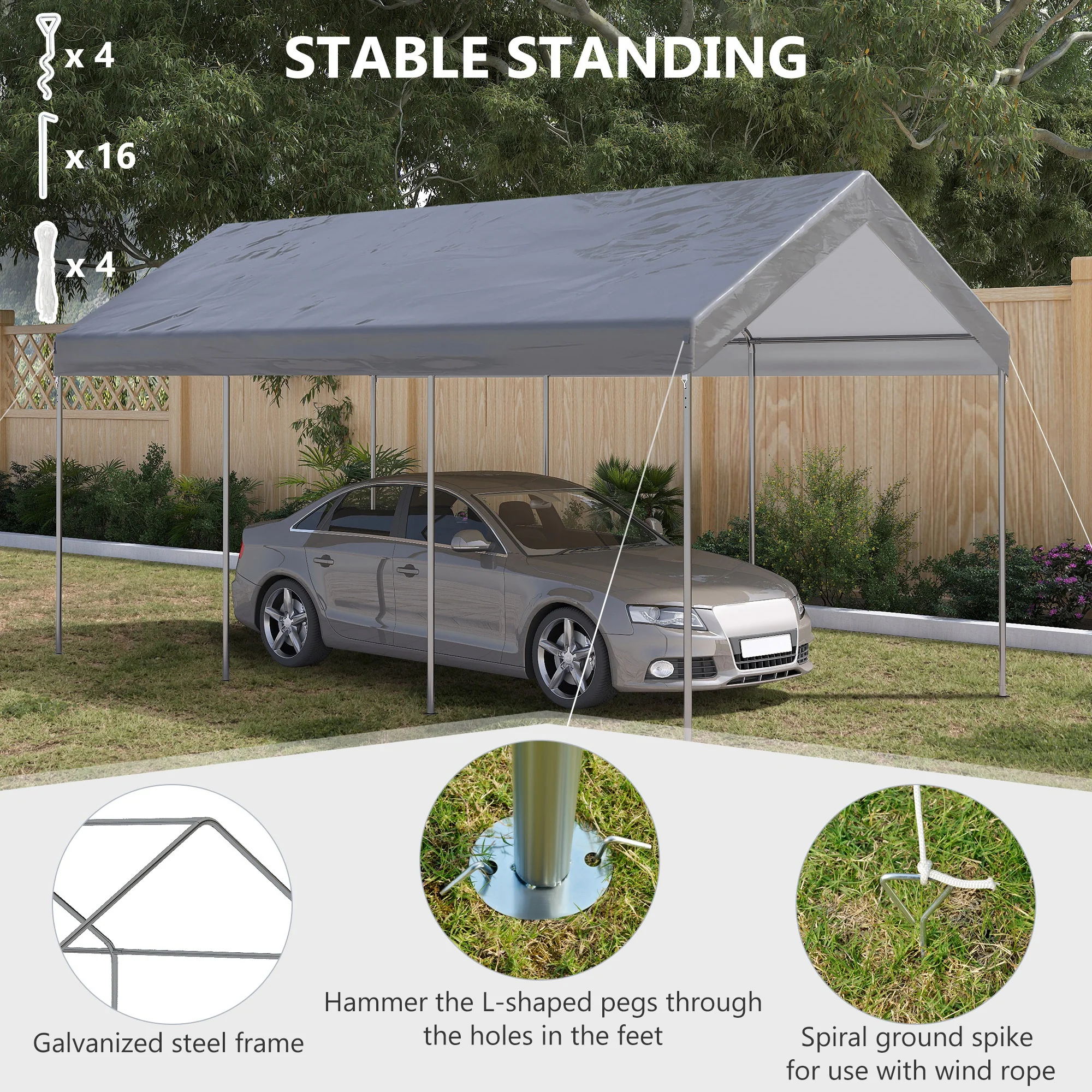 10' x 20' Adjustable Height Portable Canopy Tent with 8 Legs, Shelter for Outdoor Storage, Gray - Image 8