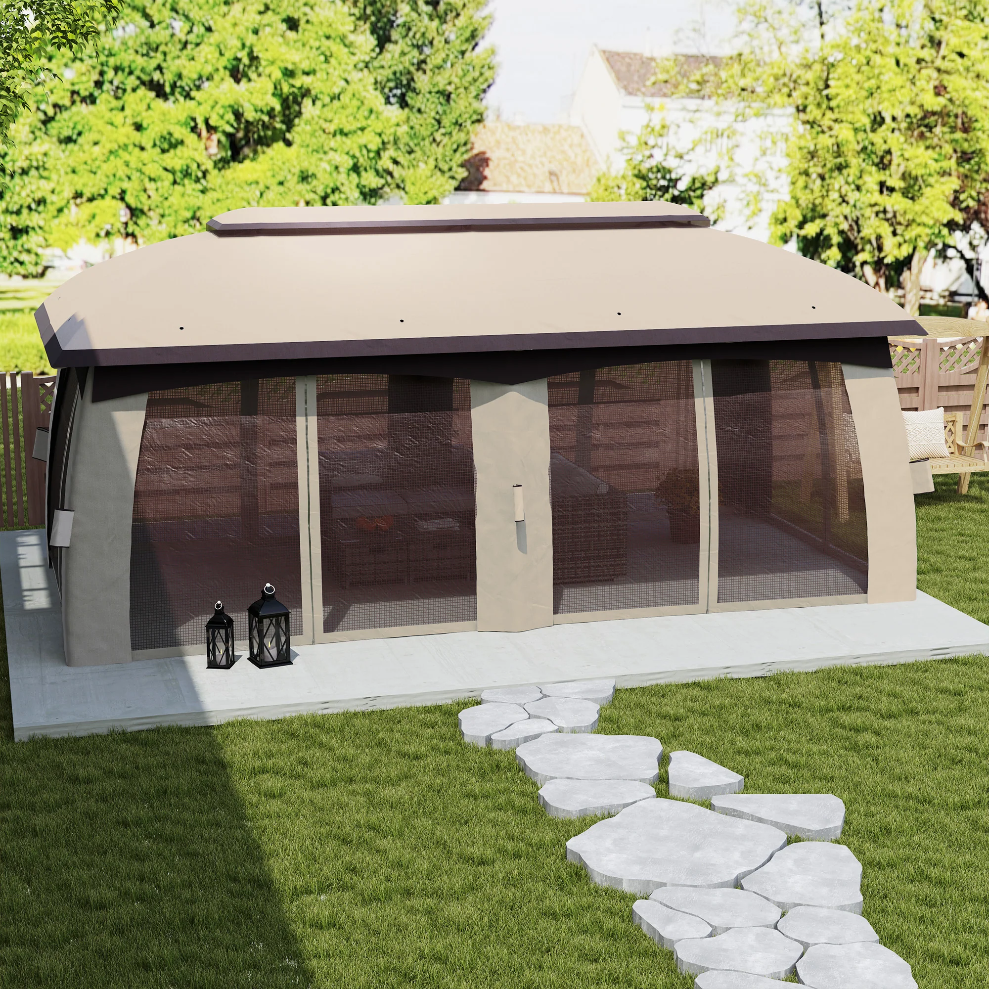 10' x 20' Patio Gazebo Shelter with Netting, Curtains, Vented Roof, Beige - Image 10