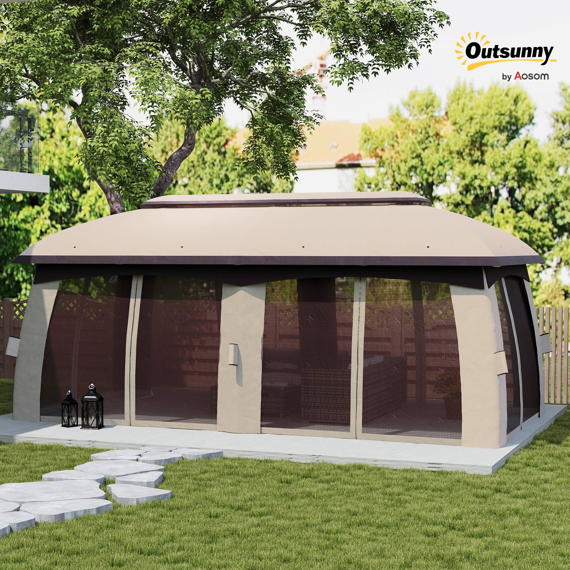 10' x 20' Patio Gazebo Shelter with Netting, Curtains, Vented Roof, Beige - Image 4