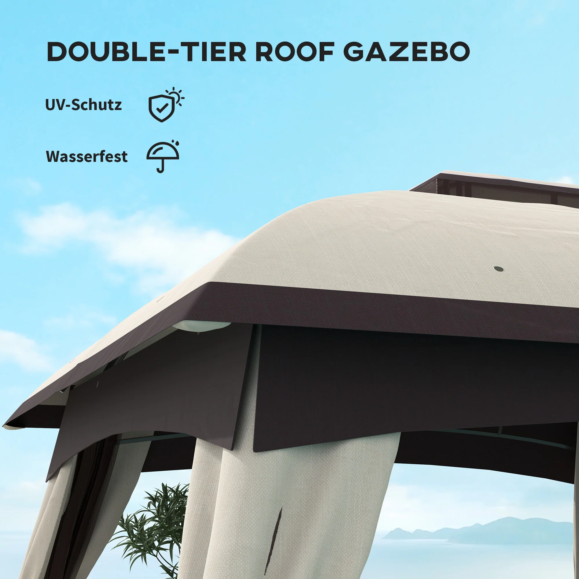 10' x 20' Patio Gazebo Shelter with Netting, Curtains, Vented Roof, Beige - Image 6