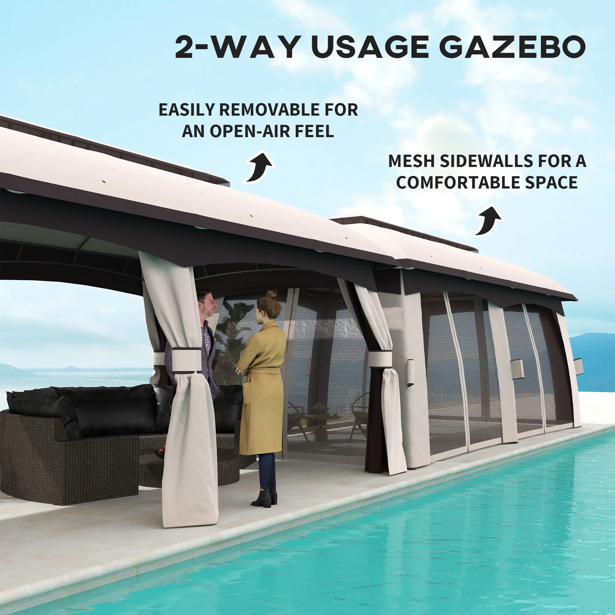 10' x 20' Patio Gazebo Shelter with Netting, Curtains, Vented Roof, Beige - Image 7