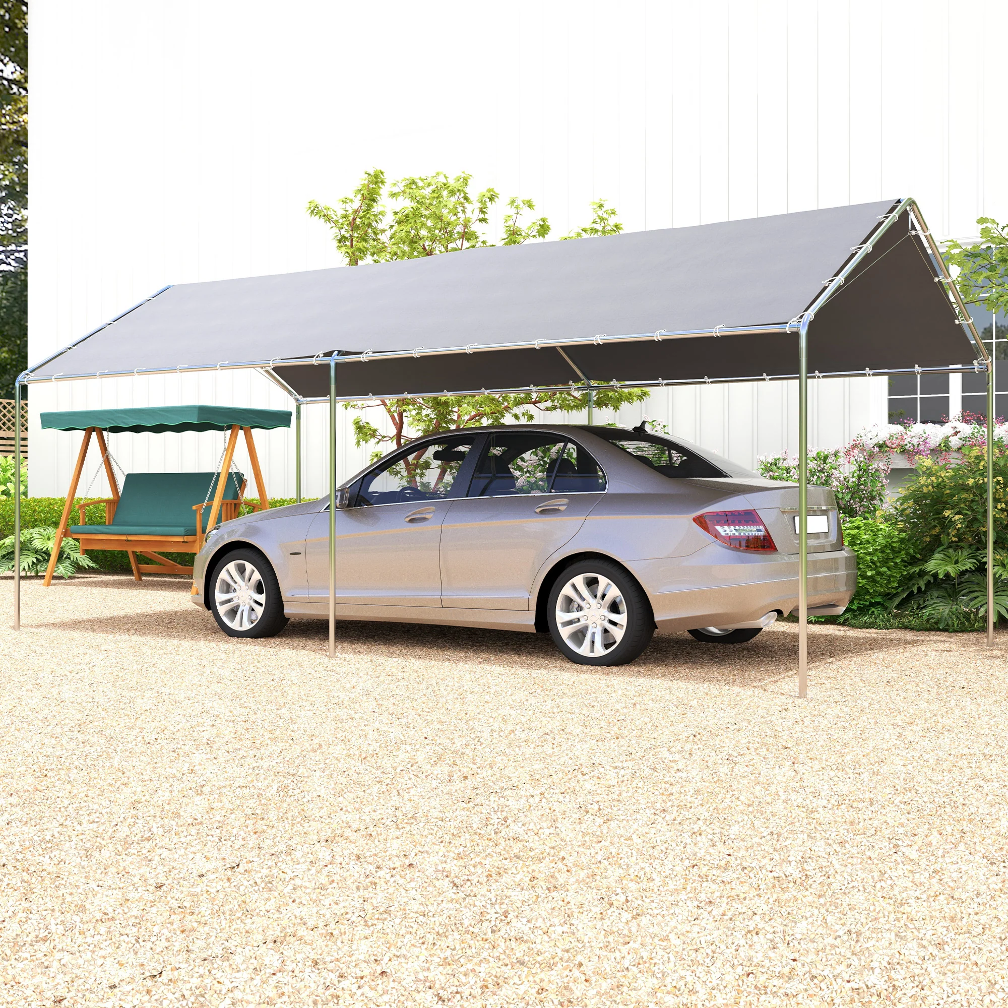 10' x 20' Heavy Duty Galvanized Steel Carport w/ Anchor Kit & 3 Reinforced Cables, Gray - Image 3