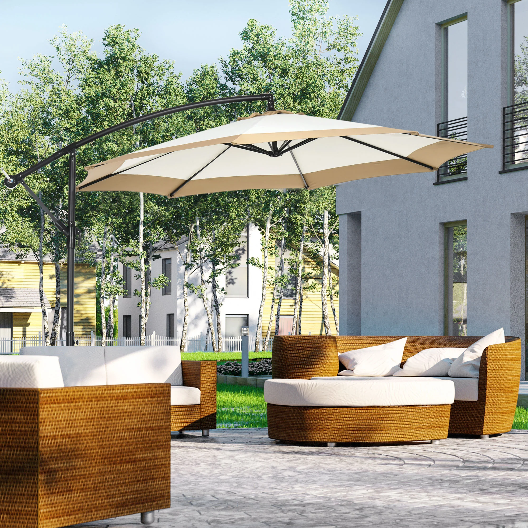 10FT Cantilever Umbrella with Crank & Cross Base, Tan - Image 4