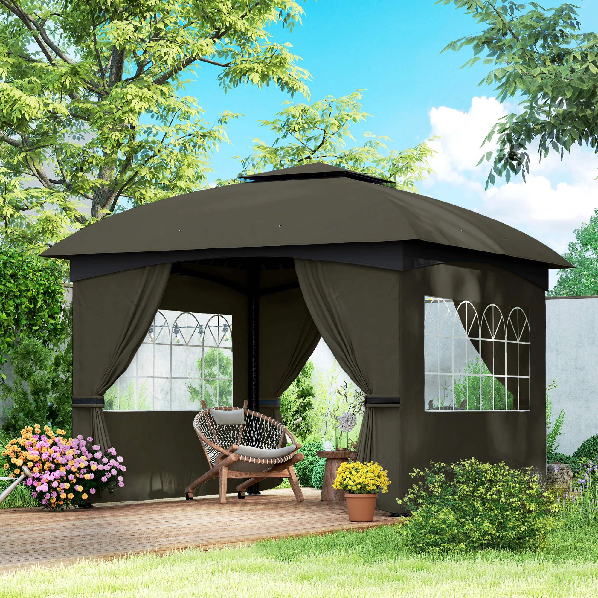 11' x 11' Double Roof Patio Gazebo with Church Windows, Steel Frame, Dark Gray - Image 3